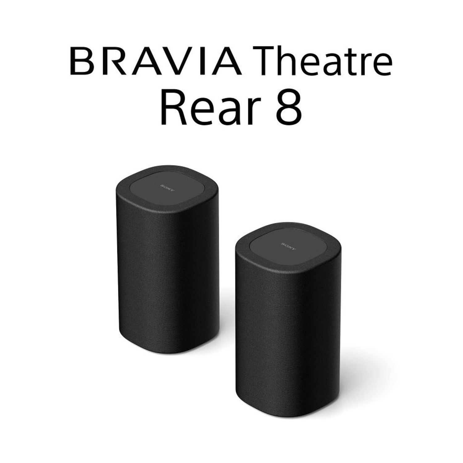 Due altoparlanti neri cilindrici BRAVIA Theatre Rear 8 con il nome del prodotto sopra di essi.