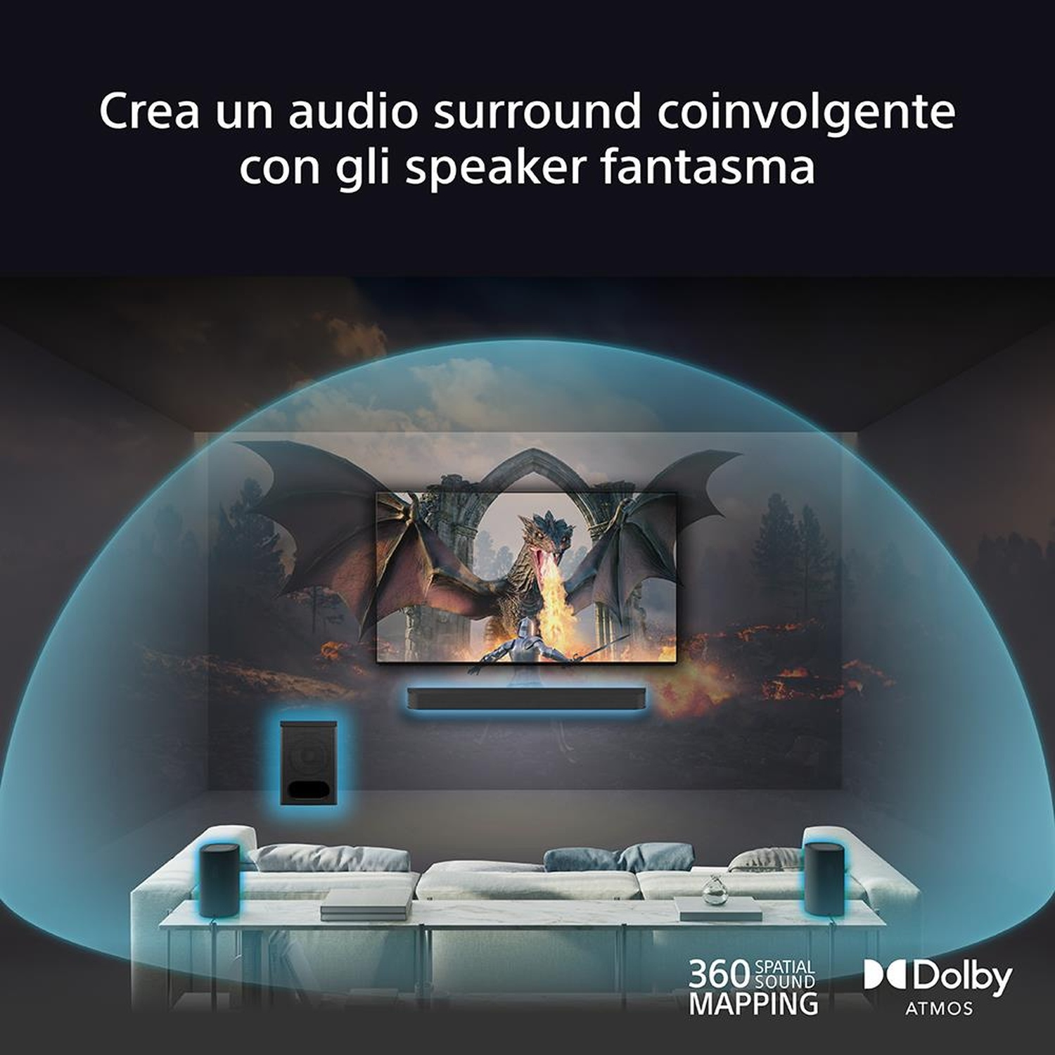 Una scena del soggiorno con TV, divano e surround sound. Un drago sullo schermo con onde sonore blu.