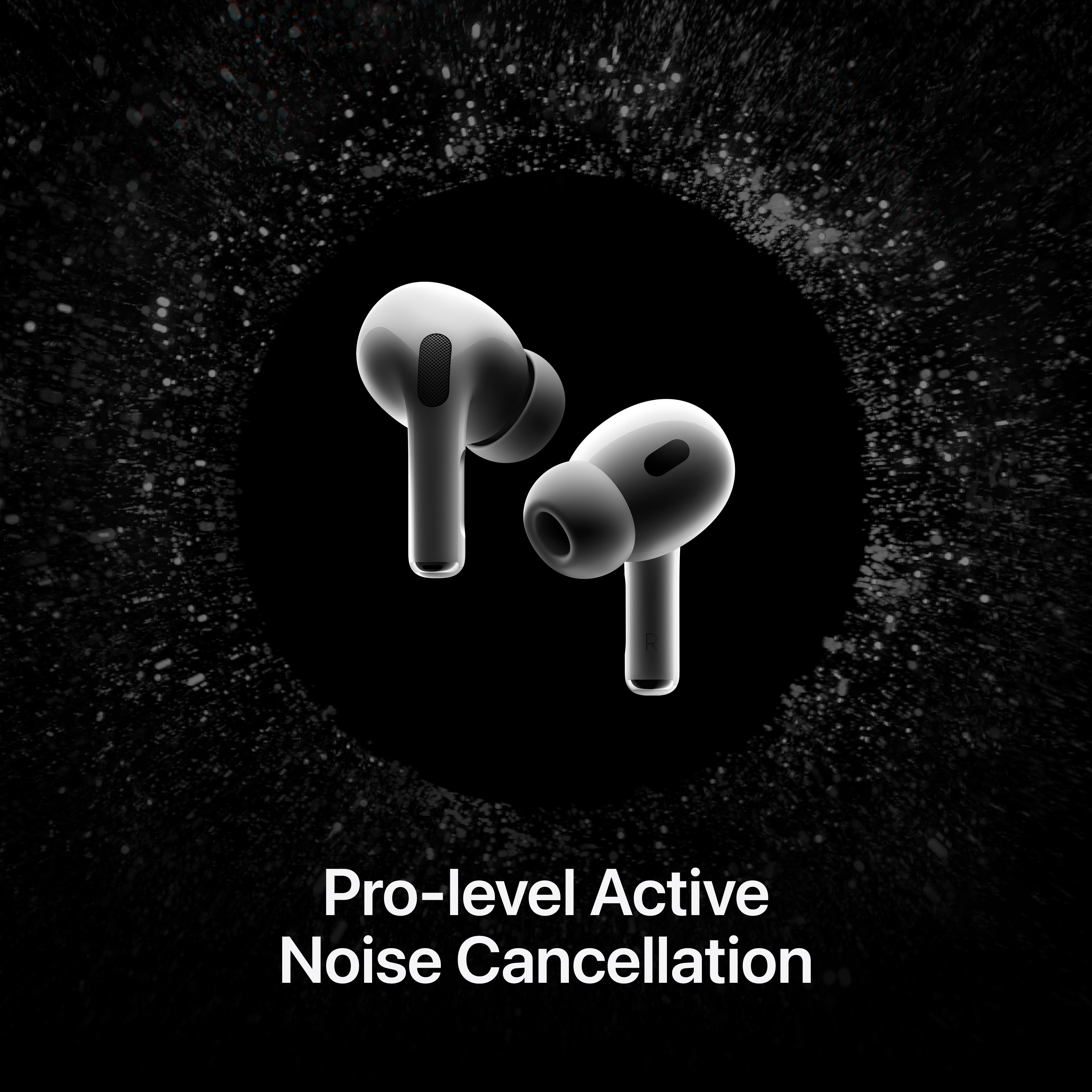 Zwei weiße AirPods Pro-Ohrhörer mit schwarzem Hintergrund und Text.
