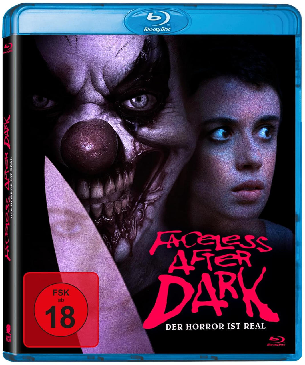 Filmcover: Clown mit Messer, junge Frau, Titel 'Faceless After Dark'.