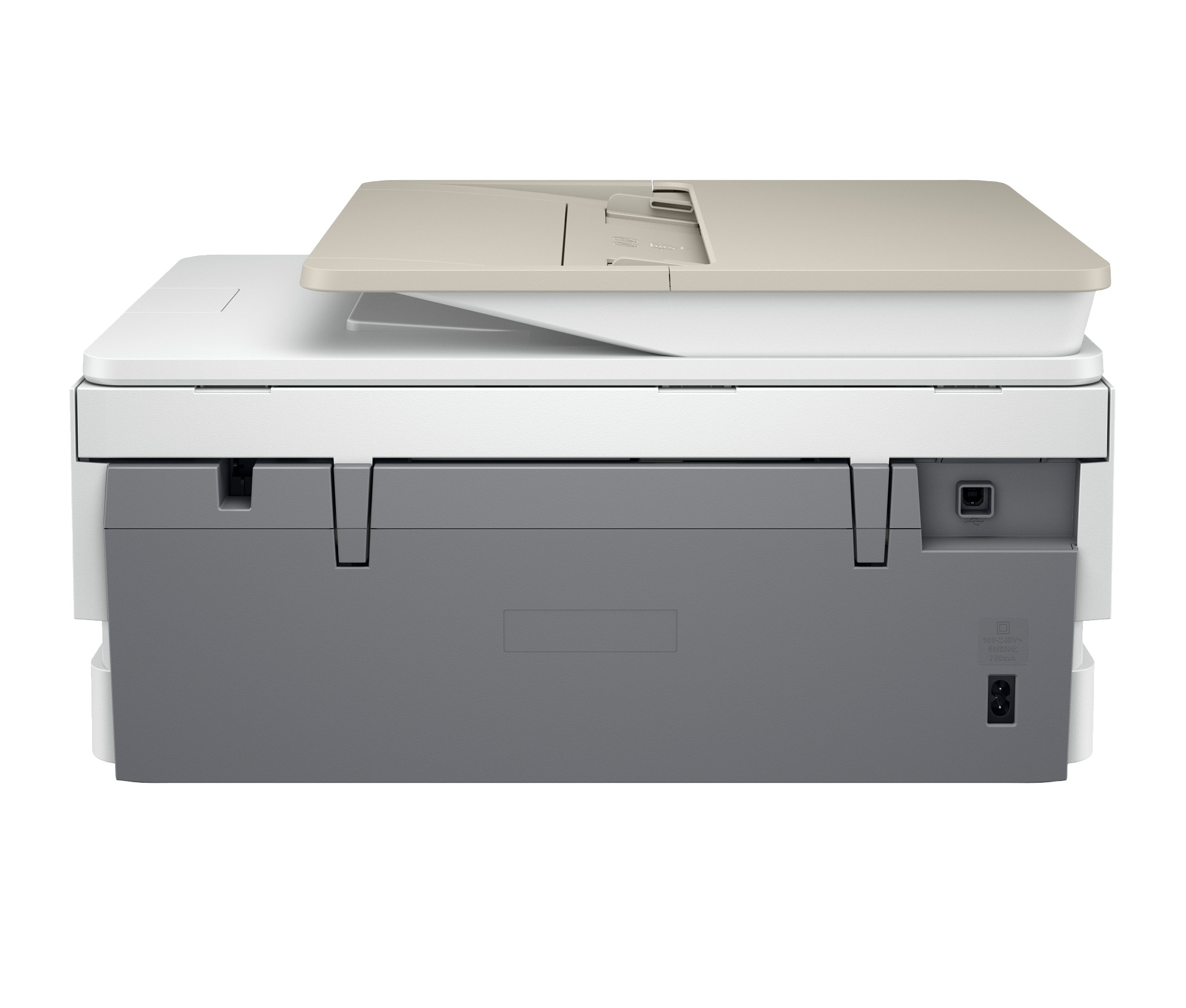 Ein weißer und grauer Drucker mit einem Top-Scanner wird gezeigt.