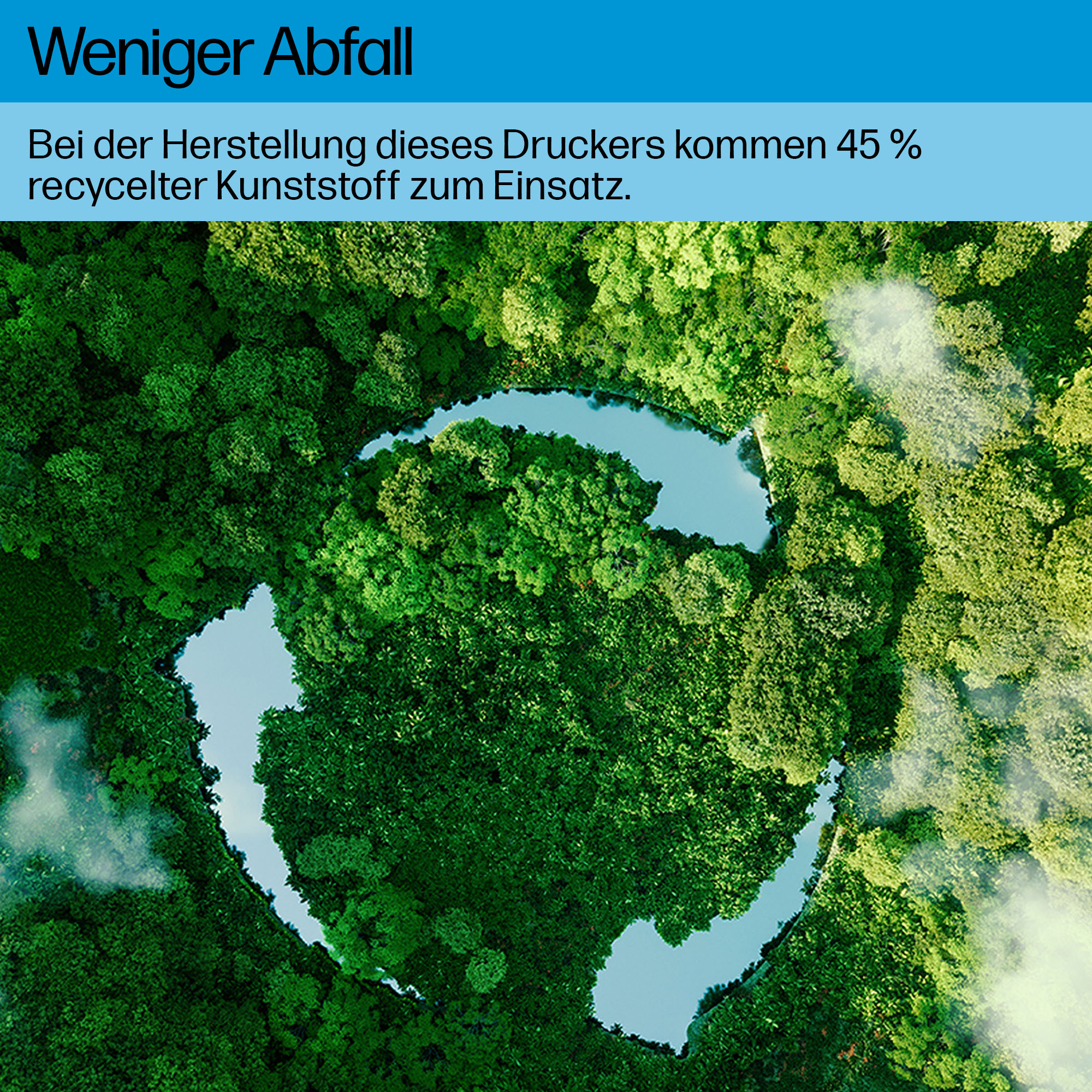 Kreisförmige Ansicht eines grünen Waldes mit blauem Wasser in der Mitte.