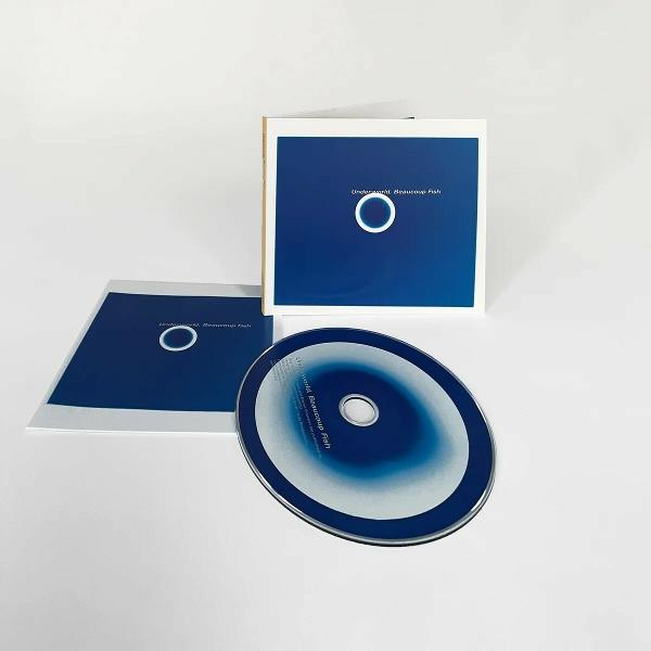 CD cover, blue design with white circle. CD with blue design. White background.