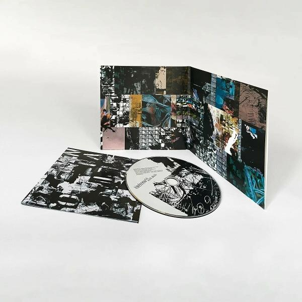 Album cover with a collage of abstract images. CD on the right. White background.