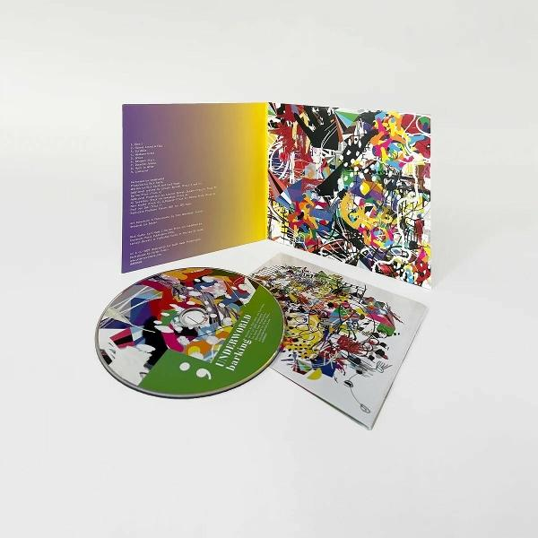 CD cover with colorful abstract art. CD and booklet with similar art. White background.