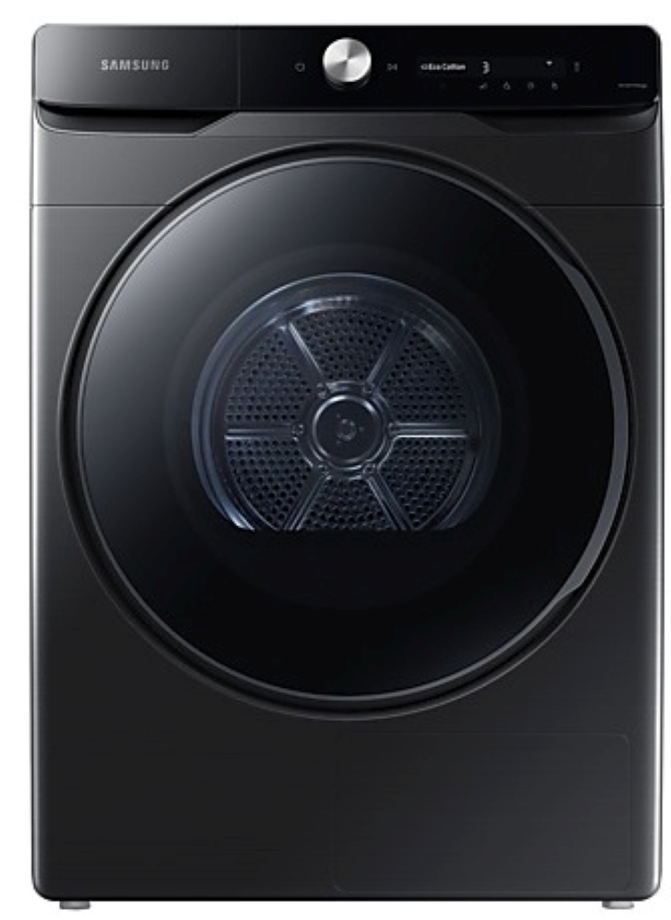 Czarna suszarka Samsung z dużymi okrągłymi drzwiami i panelem sterowania.