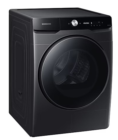 Czarna suszarka Samsung z dużymi okrągłymi drzwiami i panelem sterowania.