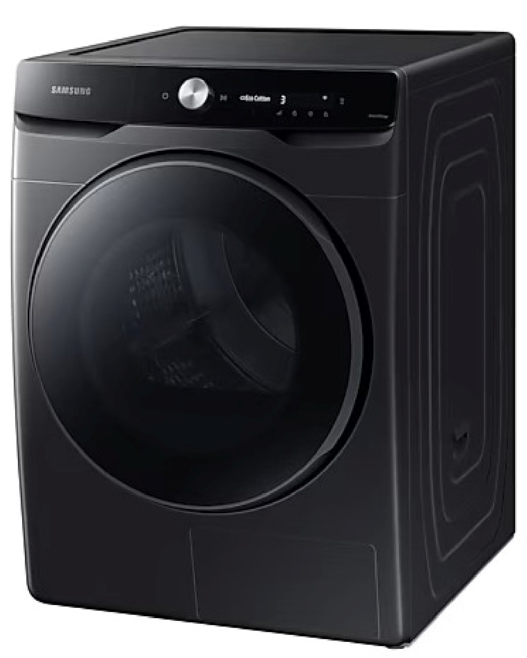 Czarna suszarka Samsung z dużymi okrągłymi drzwiami i panelem sterowania.
