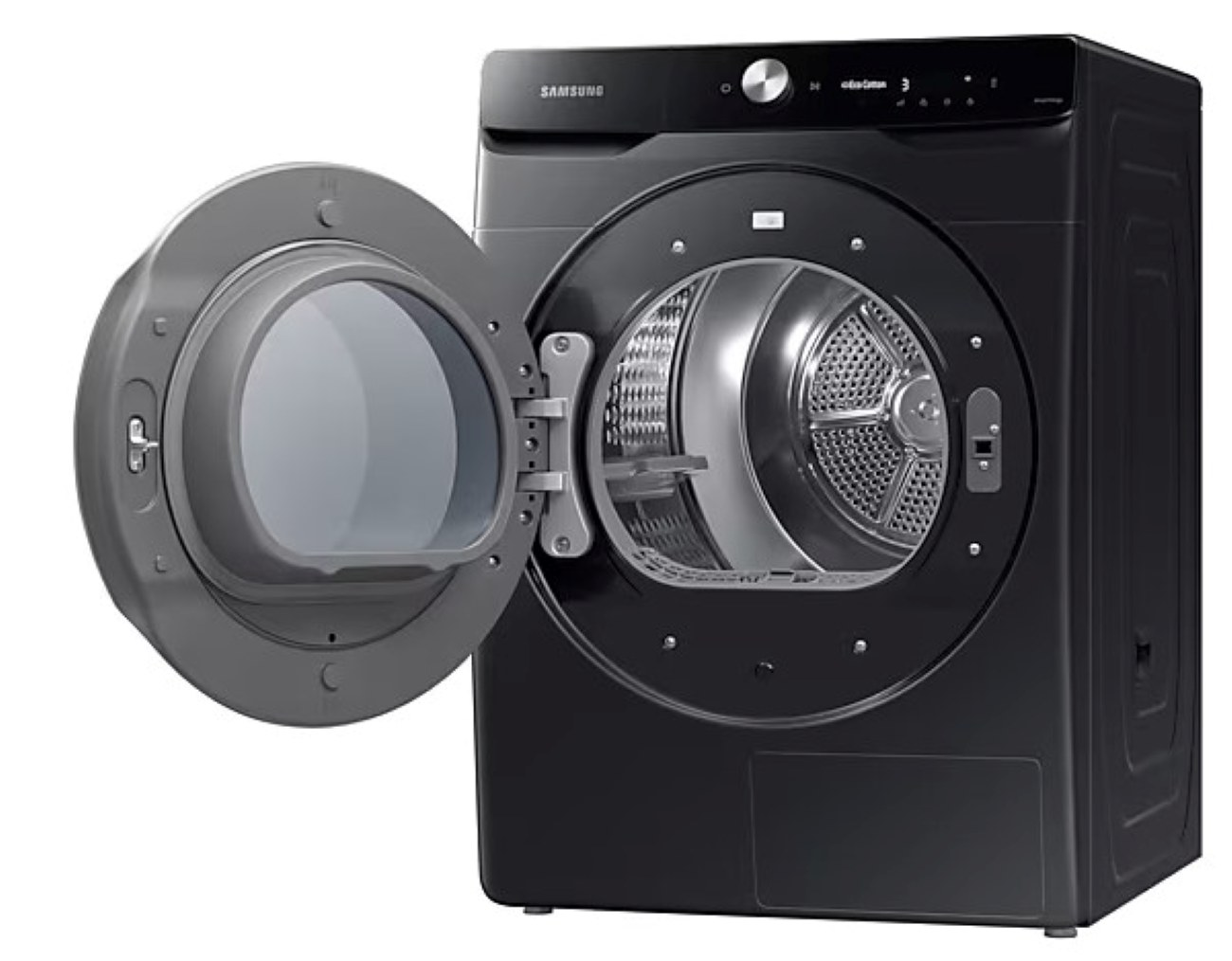 Czarna suszarka Samsung z otwartymi drzwiami, pokazująca wnętrze.