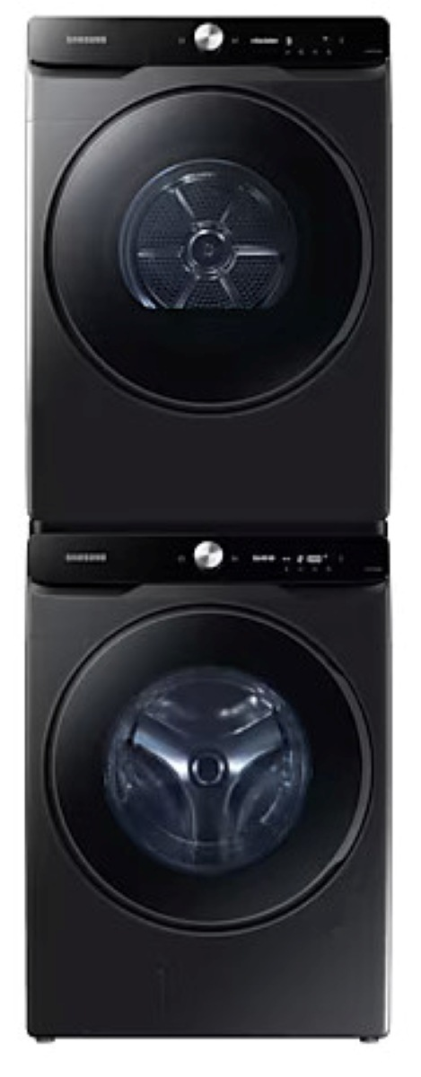 Ułożony w stos czarny zestaw pralki i suszarki z zaokrąglonymi drzwiami i panelami sterowania.