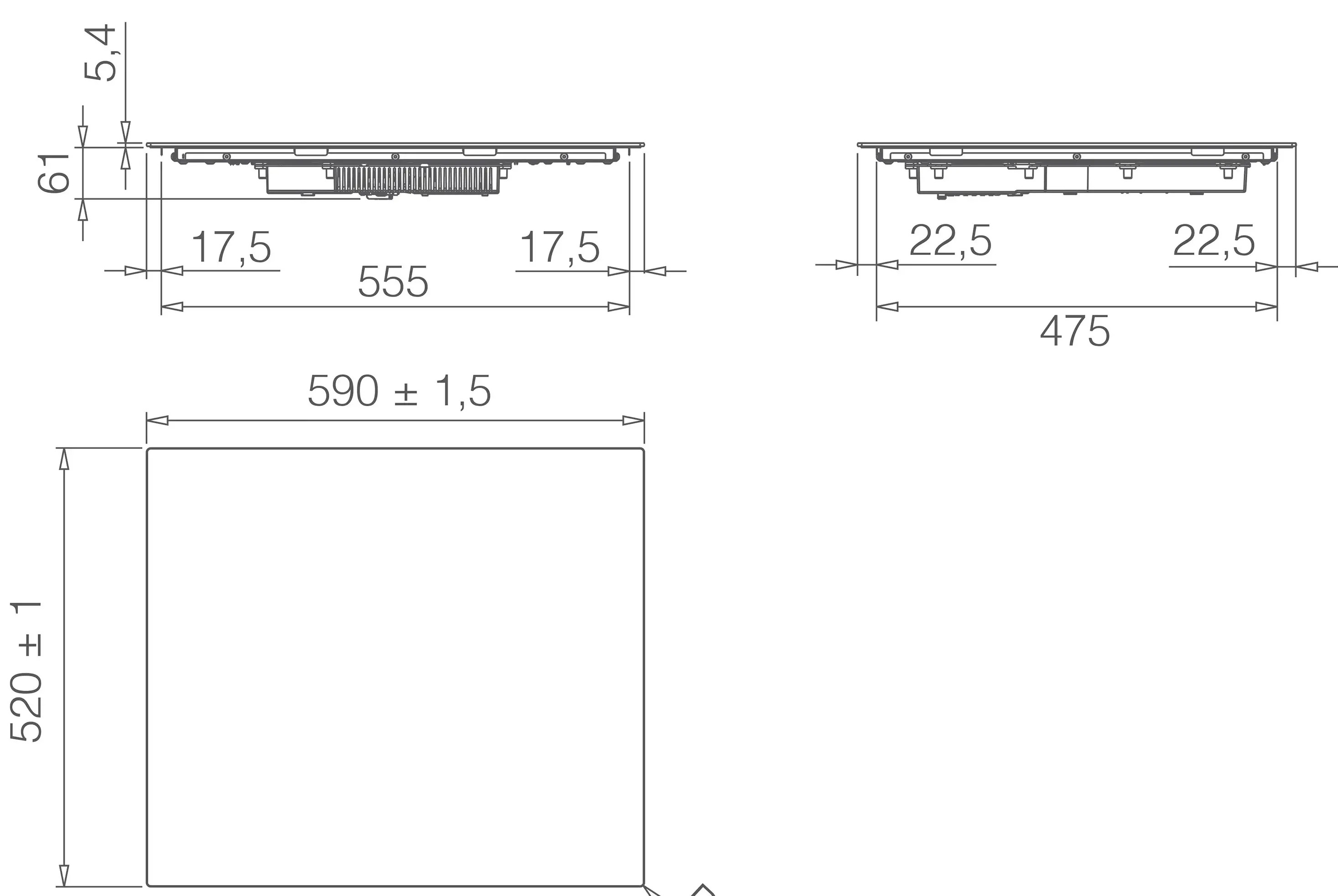 Rysunek techniczny czarnej płyty indukcyjnej, pokazujący wymiary i pomiary.