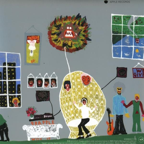Albumcover mit surrealer Szene: ein Mann, ein Sofa, Figuren, die mit einem zentralen sonnenartigen Objekt verbunden sind.