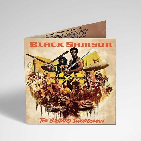 Albumcover: Black Samson, The Bastard Swordsman, mit Figuren, Hubschraubern und Schwertern.