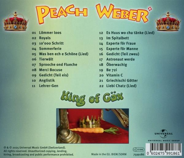 Das Albumcover hat eine Trackliste. Der Titel lautet 'King of Gäx'. Der Name 'Peach Weber' steht oben. Die Rückseite.