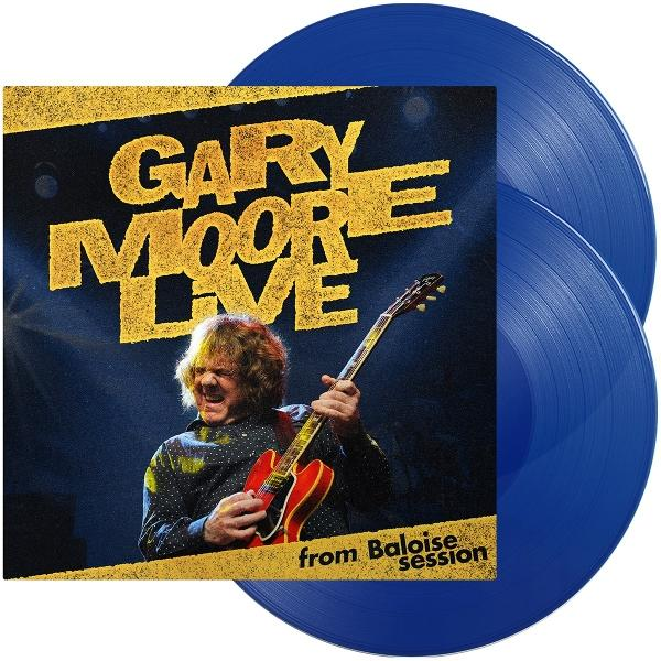 Albumcover: Zwei blaue Vinylplatten, Gary Moore spielt Gitarre, Text 'GARY MOORE LIVE'.