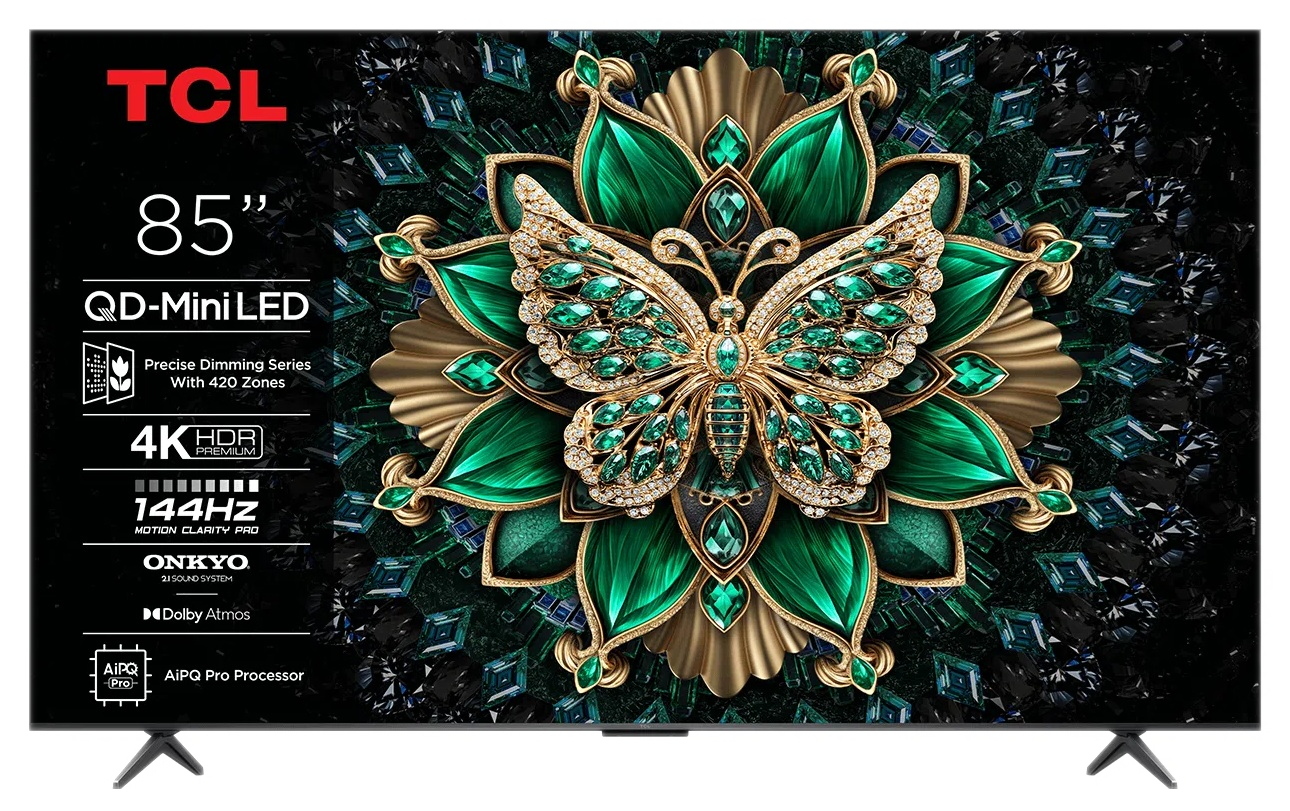 Ekran telewizora TCL 85" z motylem, prezentujący funkcje produktu.