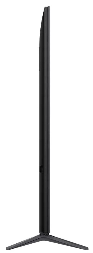 Widok z boku na czarny telewizor o cienkim profilu i stojaku. Ekran jest wyłączony.