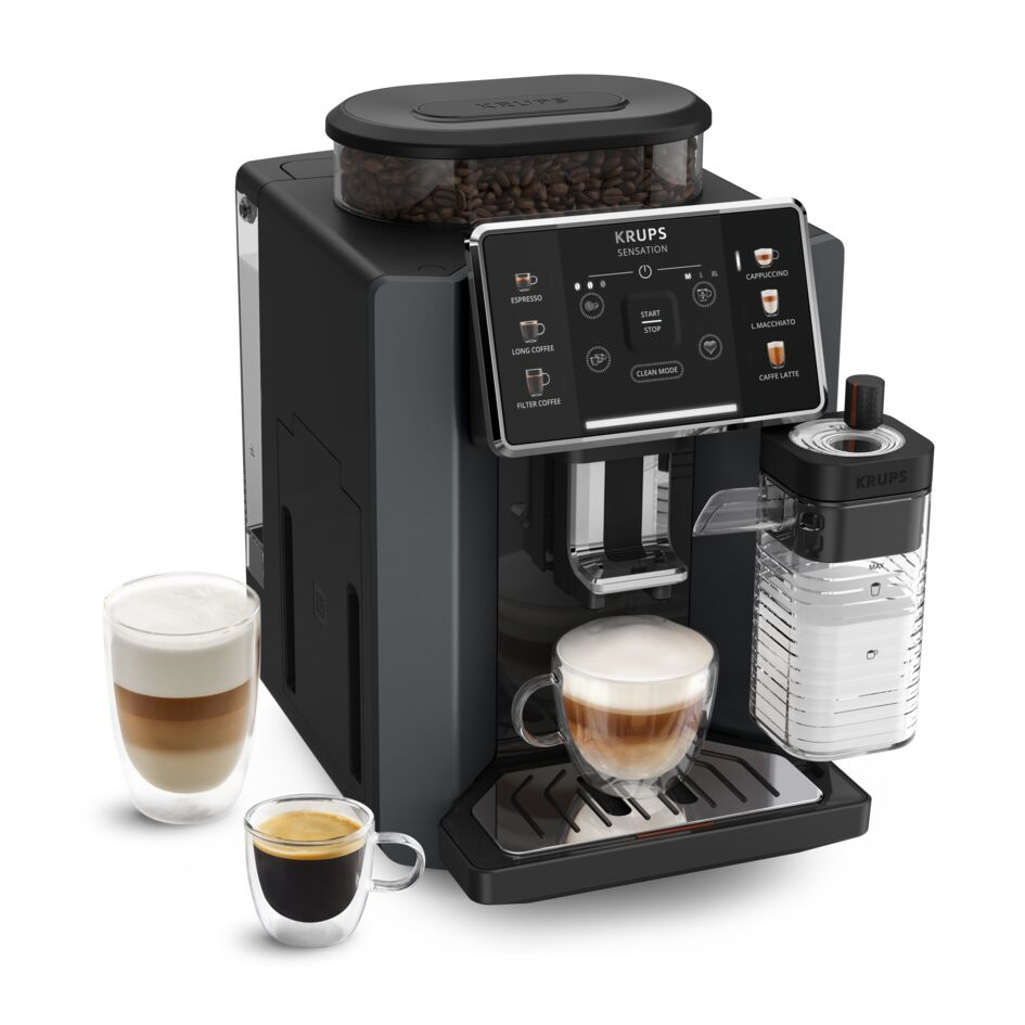 Latte, espresso ve daha fazlasıyla bir kahve makinesi. Makine gri renkte ve kahve çekirdekleri görünür.