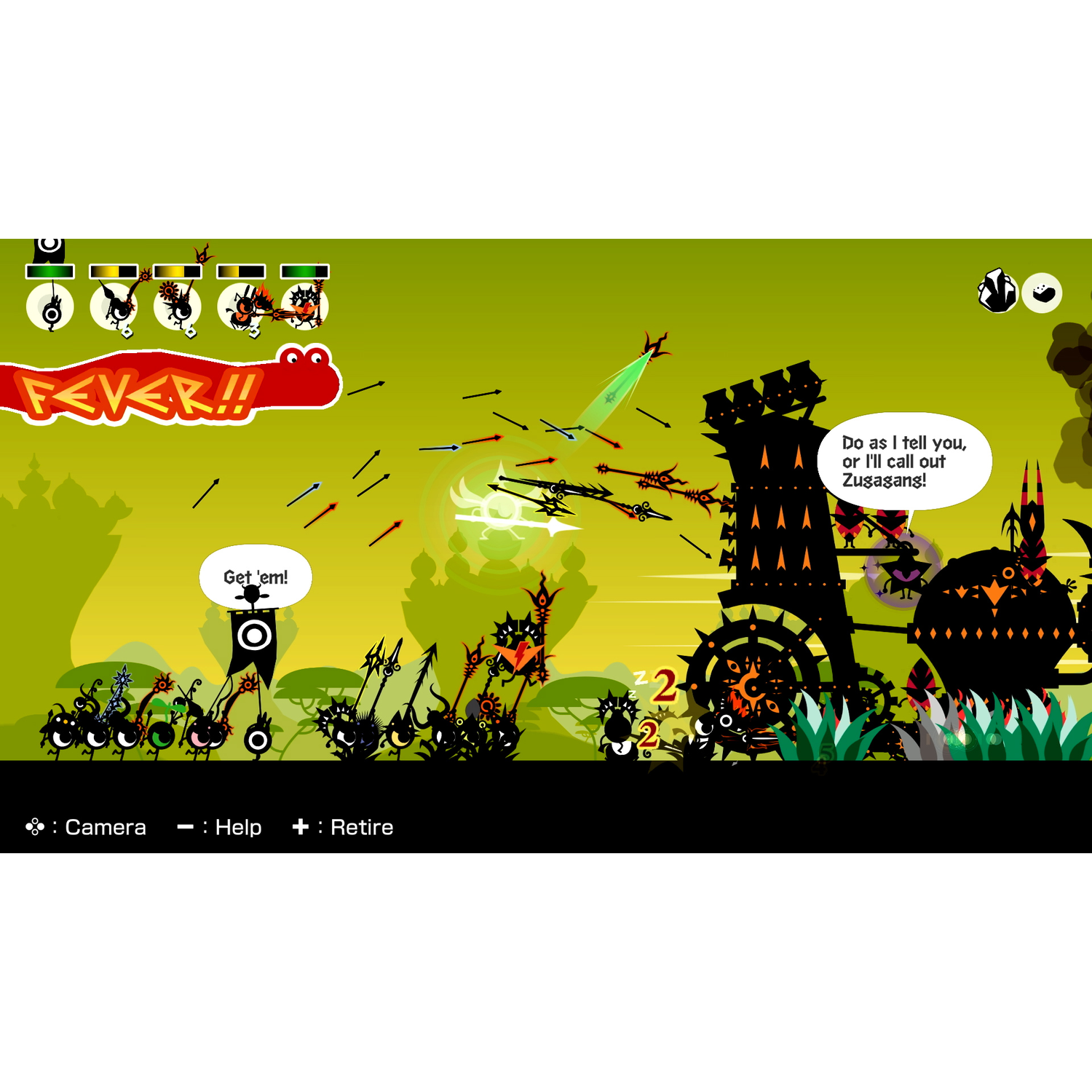 Game scene met wezens die een structuur aanvallen. Groene achtergrond. Tekstballonnen en pijlen zijn zichtbaar.