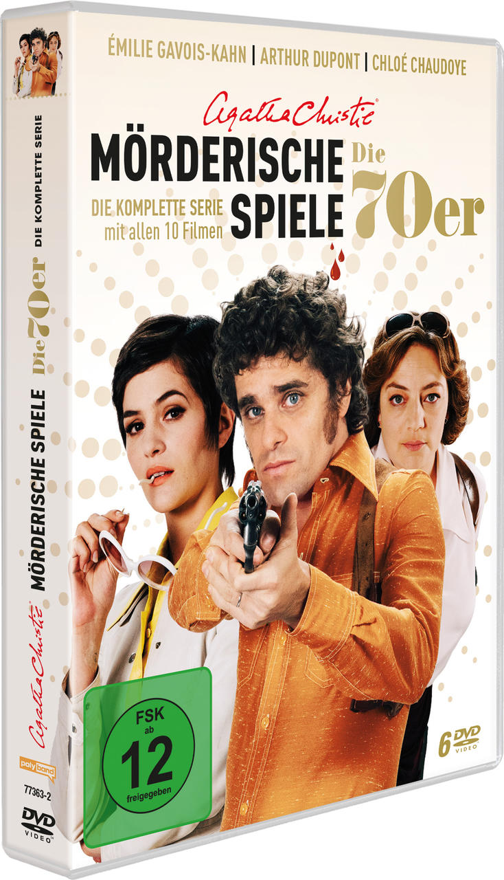 DVD-Cover. Drei Personen aus der Show. Text auf Französisch und Deutsch. Text: Agatha Christie, Die 70er.
