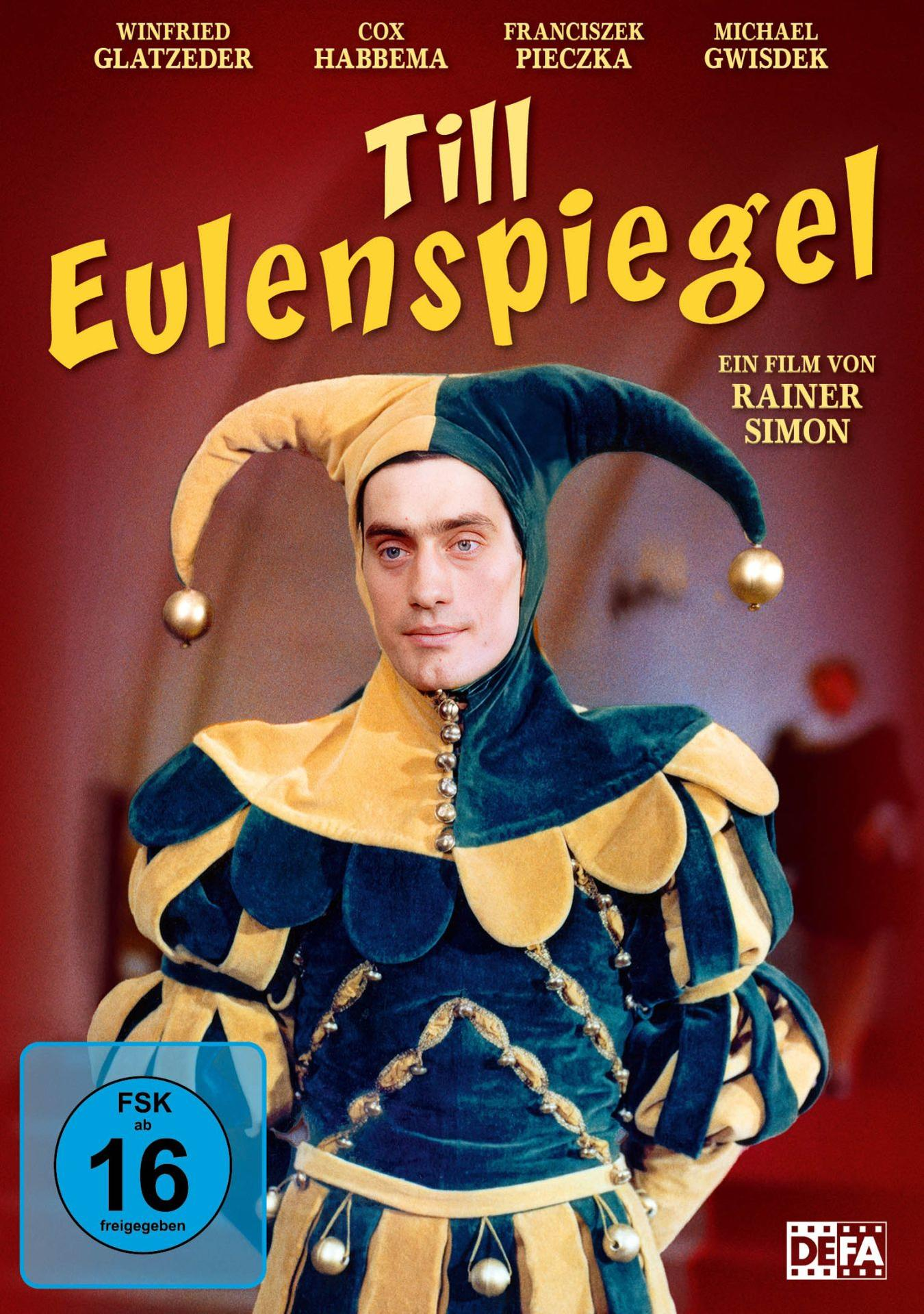 Ein Mann in einem gelben und blauen Narrenkostüm mit einer langen Mütze.