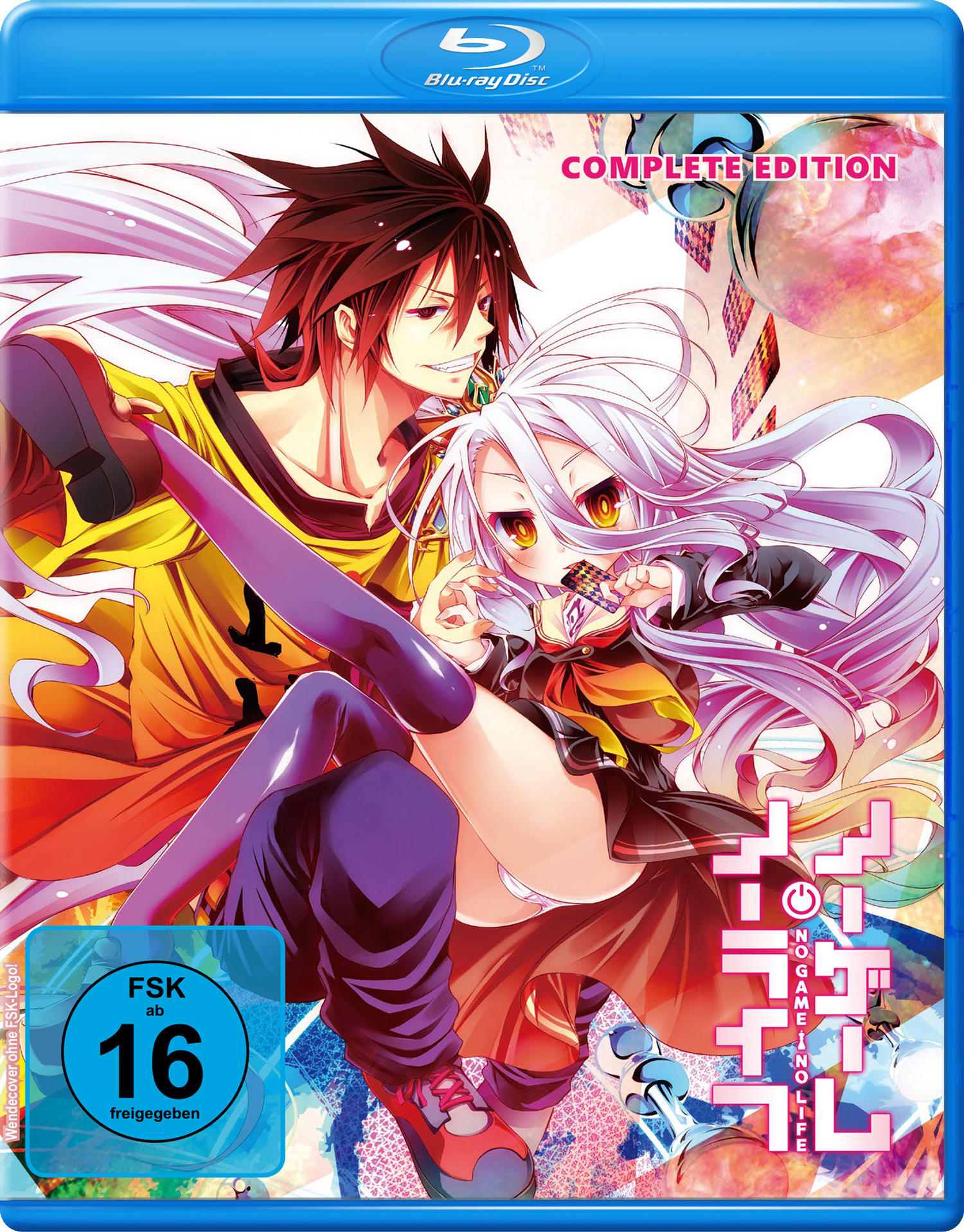 Anime Blu-ray Cover mit zwei Anime-Charakteren in einer Umarmung, der Titel "No Game No Life".