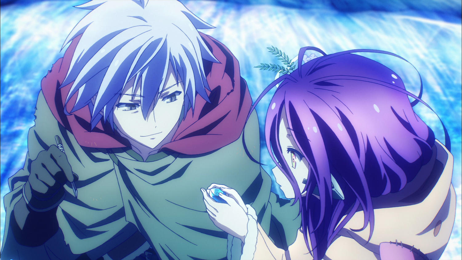 Anime-Charaktere: ein Mann und eine Frau in einer verschneiten Umgebung. Der Mann hält einen Stift und die Frau einen Edelstein.