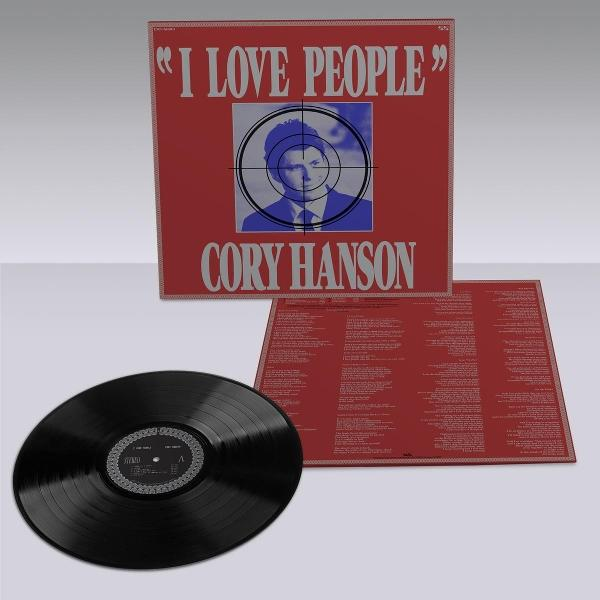 Schallplatte mit Hülle, die "I LOVE PEOPLE" von CORY HANSON zeigt. Mann im Visier.