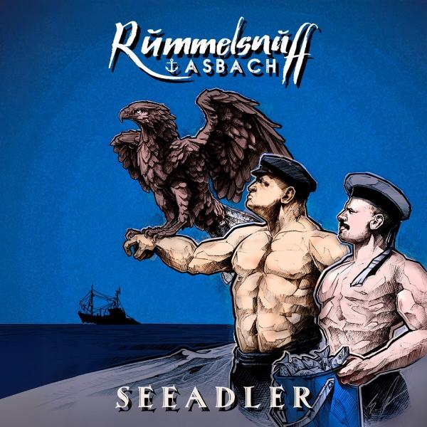 Albumcover mit cartoonartigen Figuren. Zwei Männer mit einem Adler. Blauer Hintergrund. Text: Rümmelsnuff, Seeadler.