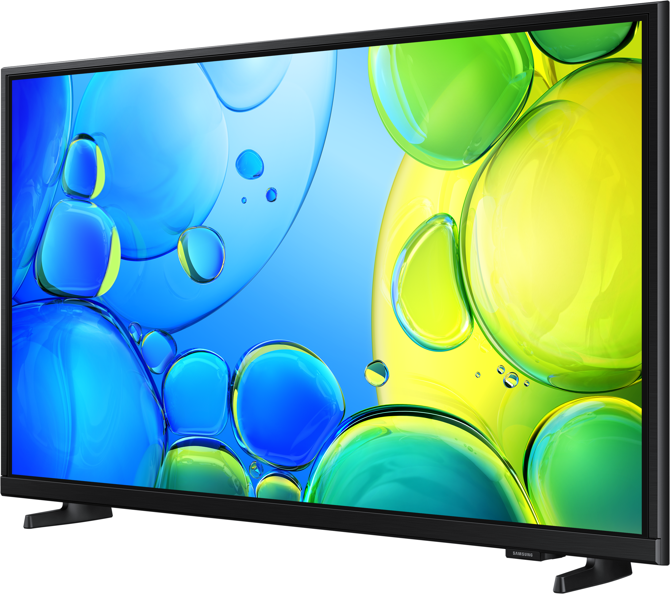 TV a schermo piatto con sfondo blu e giallo. Il logo SAMSUNG è visibile.