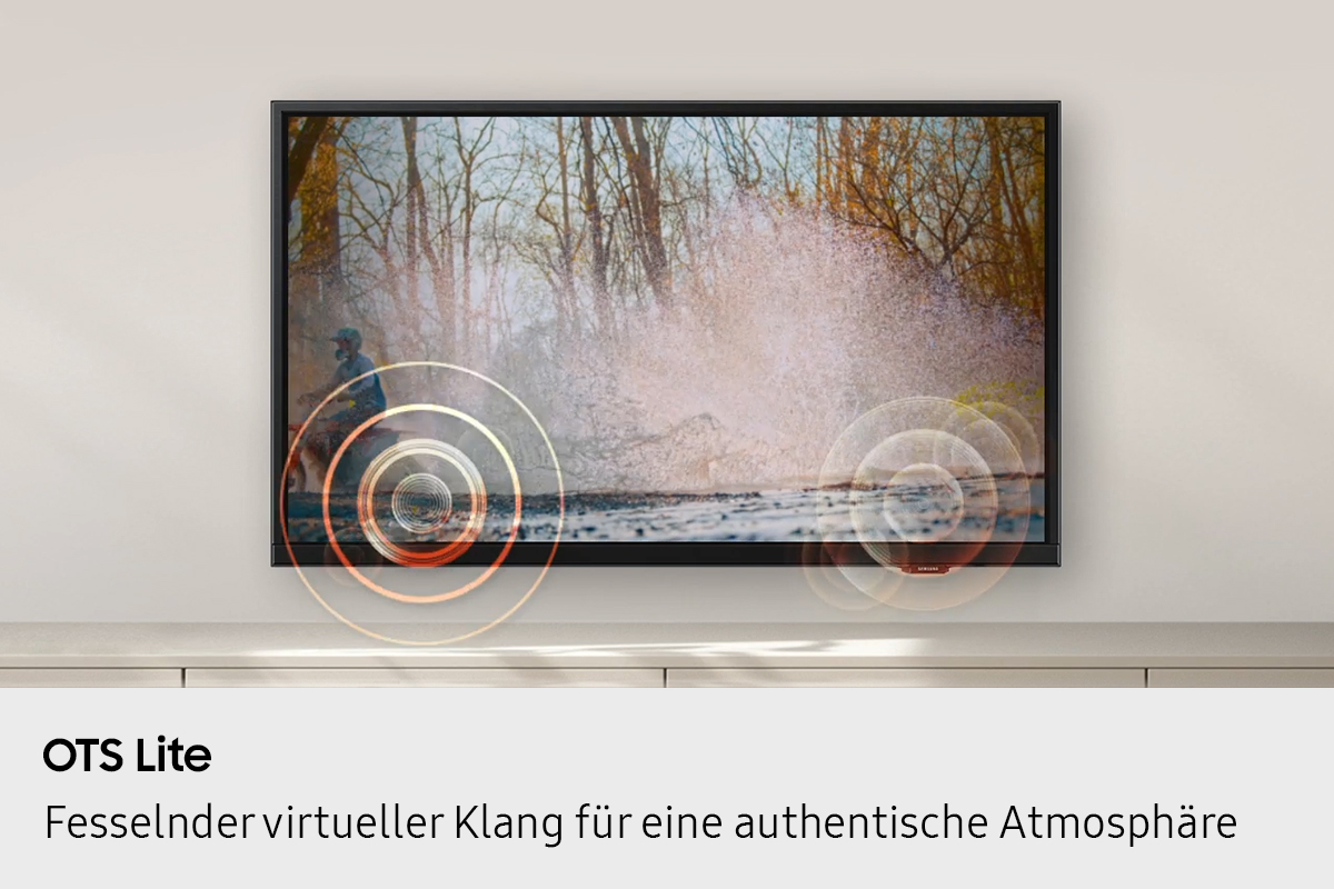 La TV mostra spruzzi d'acqua. Le onde sonore emanano dalla TV. Il testo recita OTS Lite: Suono virtuale immersivo.