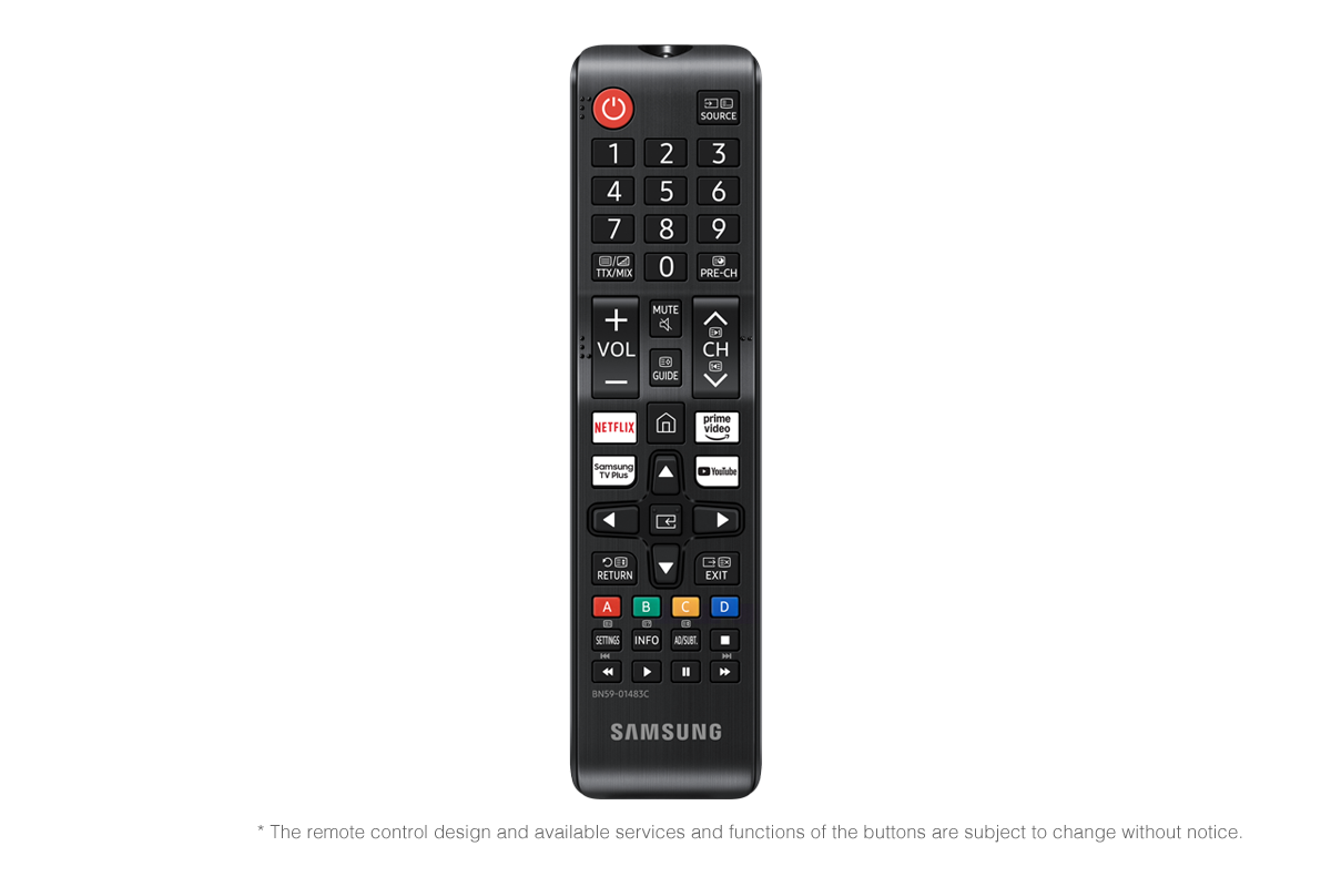 Un telecomando TV nero. Mostra vari pulsanti, tra cui accensione, volume, canale e scorciatoie per app.