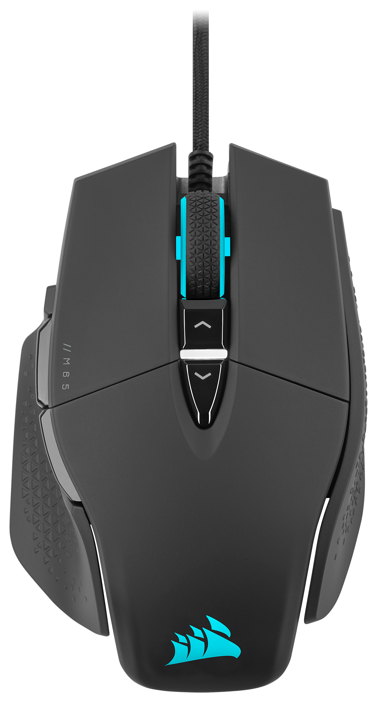 Schwarze Gaming-Maus mit blauen Akzenten. Verfügt über Tasten an der Seite und ein Scrollrad. Corsair-Logo.