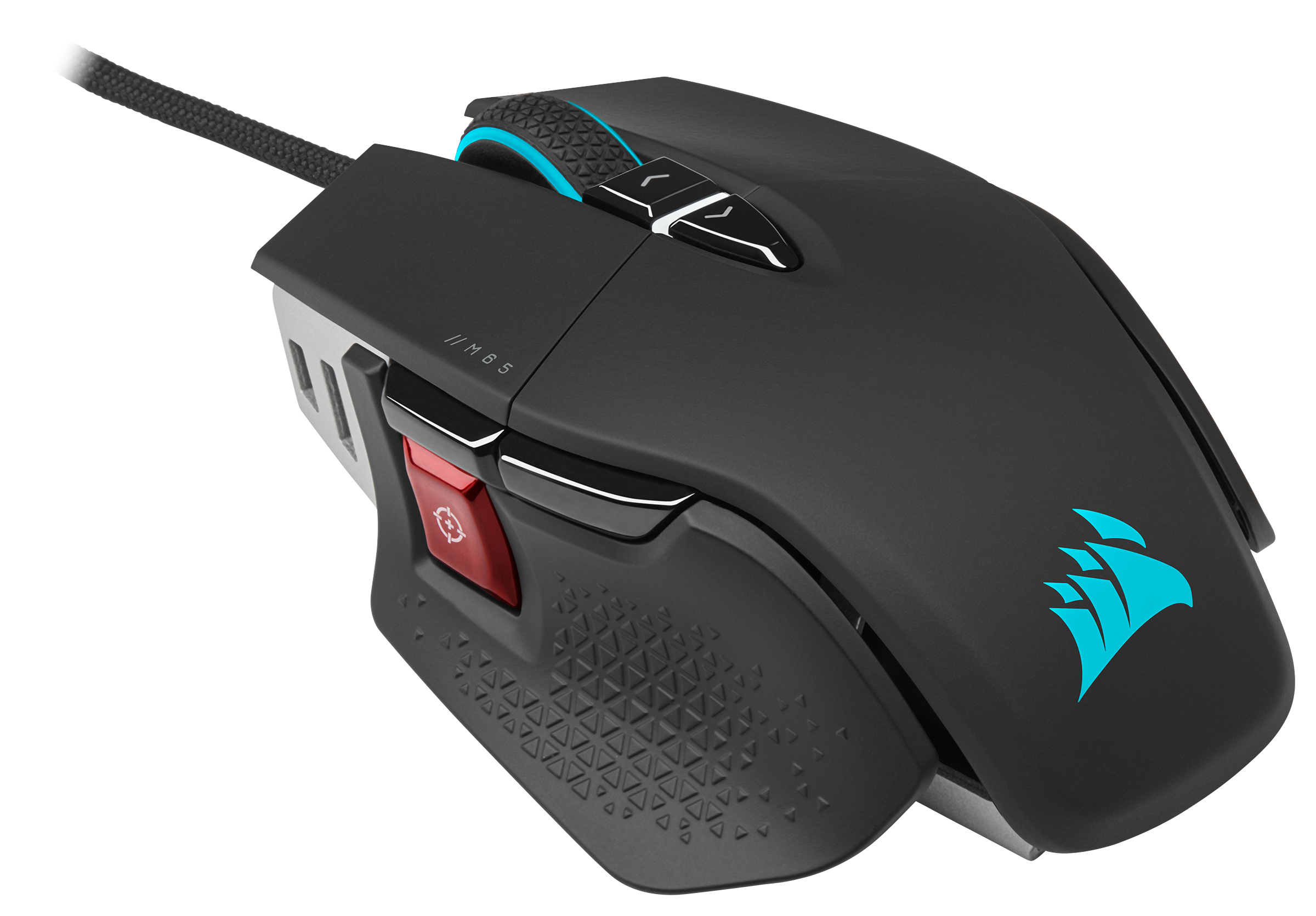 Schwarze Gaming-Maus mit blauen und roten Akzenten. Verfügt über Seitentasten und Scrollrad. Corsair-Logo.
