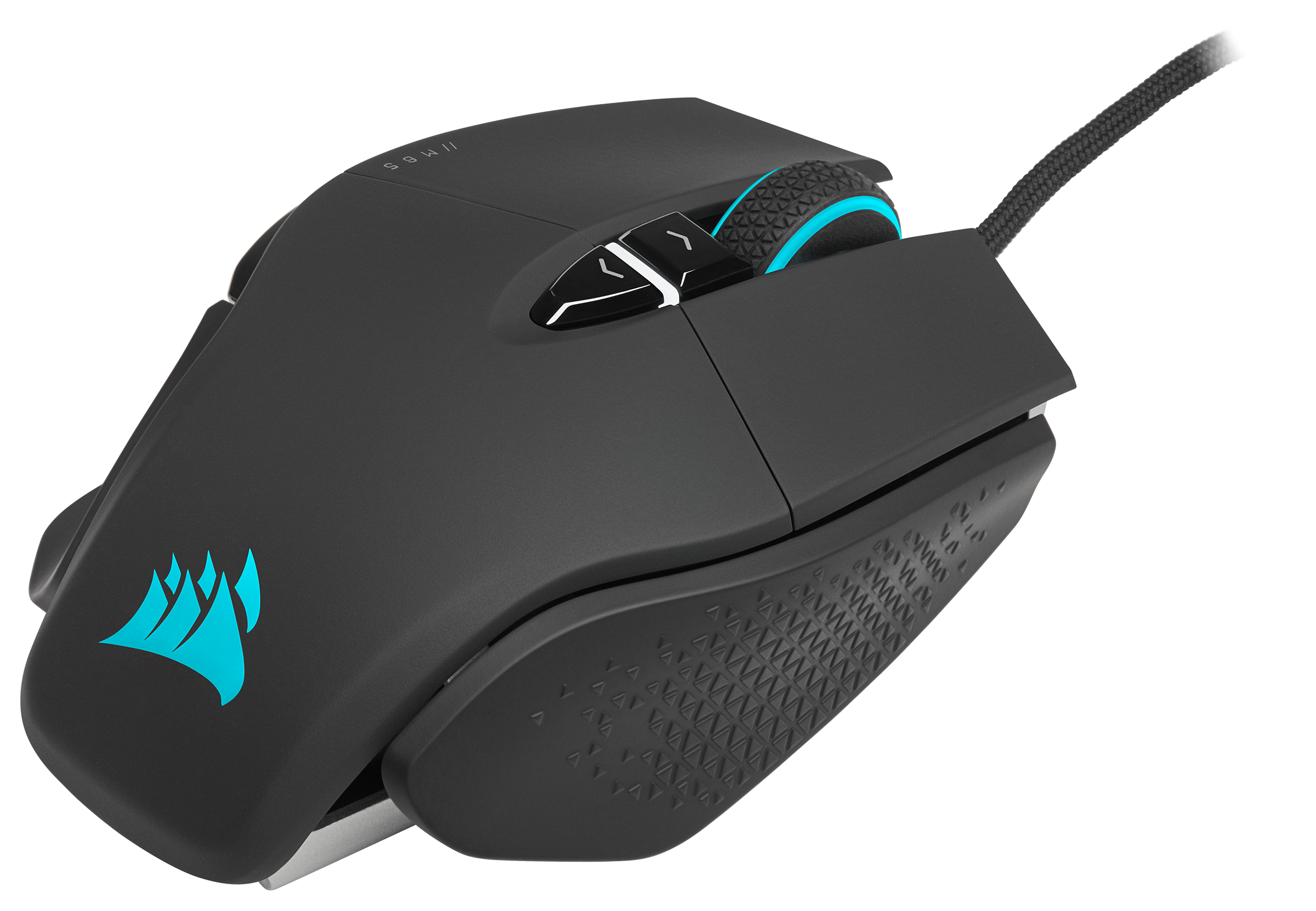 Schwarze Gaming-Maus mit blauen Akzenten. Verfügt über Tasten an der Seite und ein Scrollrad. Corsair-Logo.