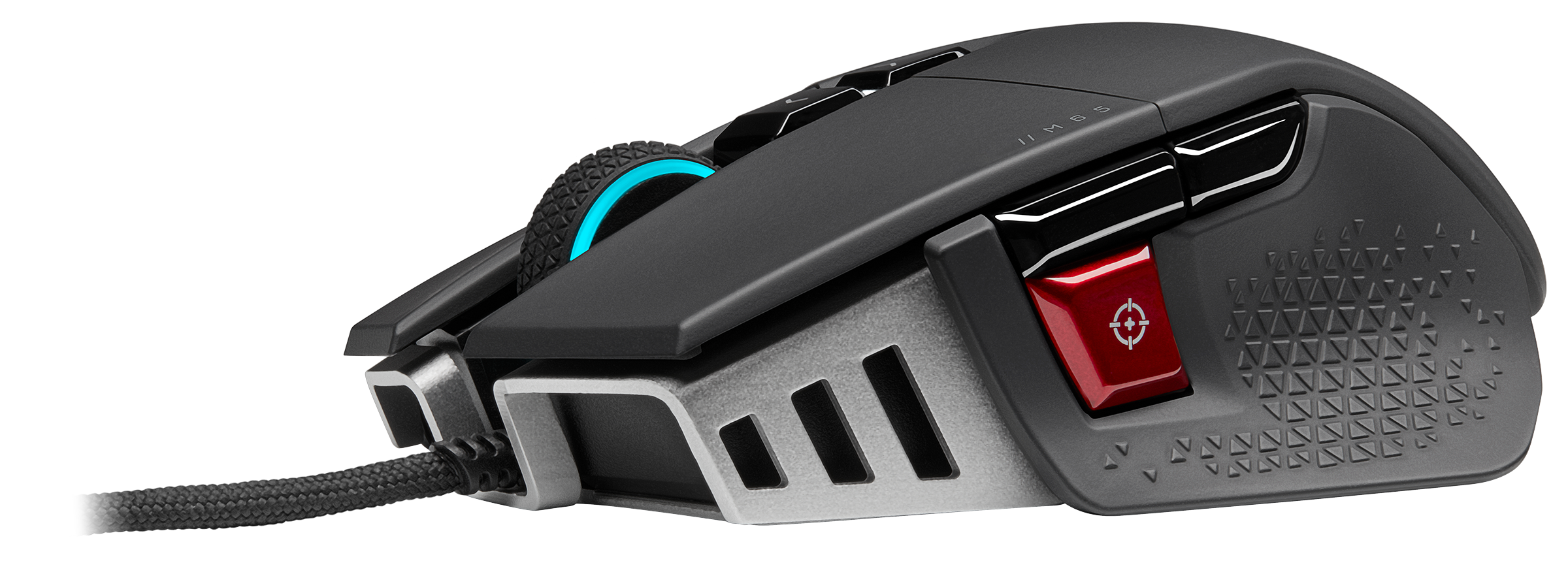 Schwarze Gaming-Maus mit roter Taste und blauem Rad. Geflochtenes Kabel.