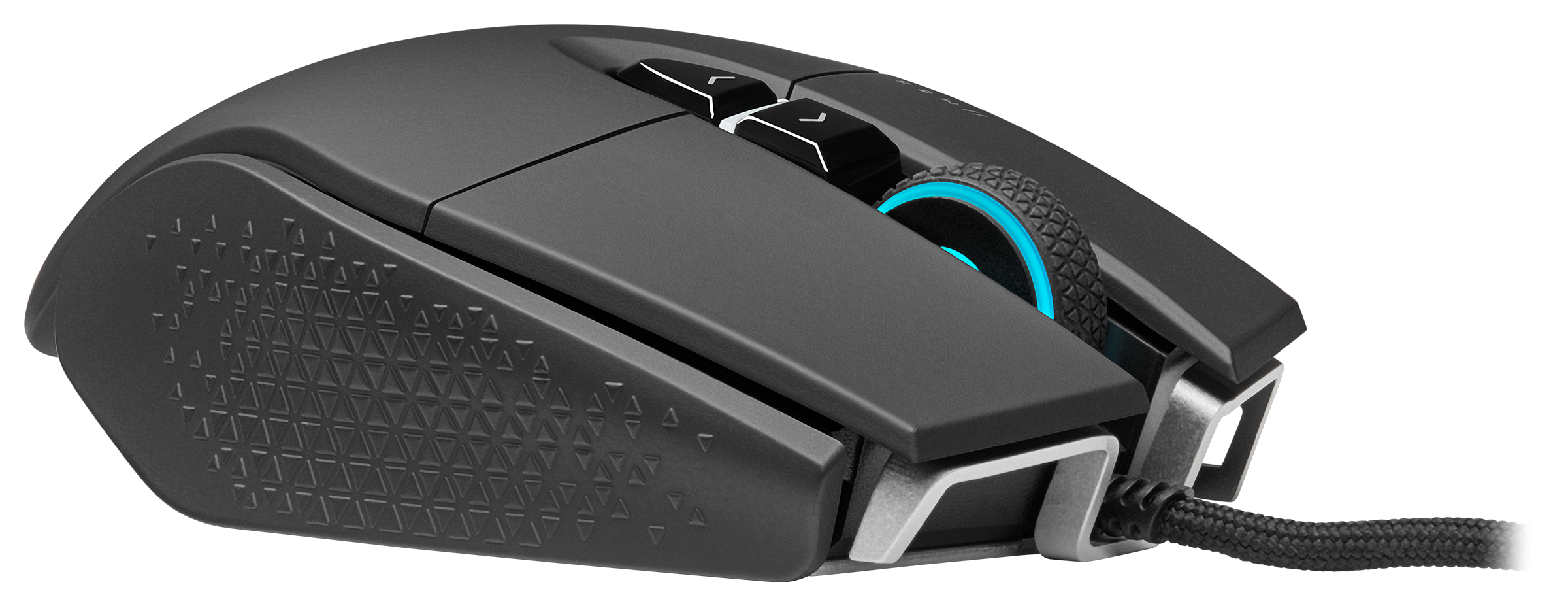 Schwarze Gaming-Maus mit zwei Tasten und blauem Rad. Geflochtenes Kabel.