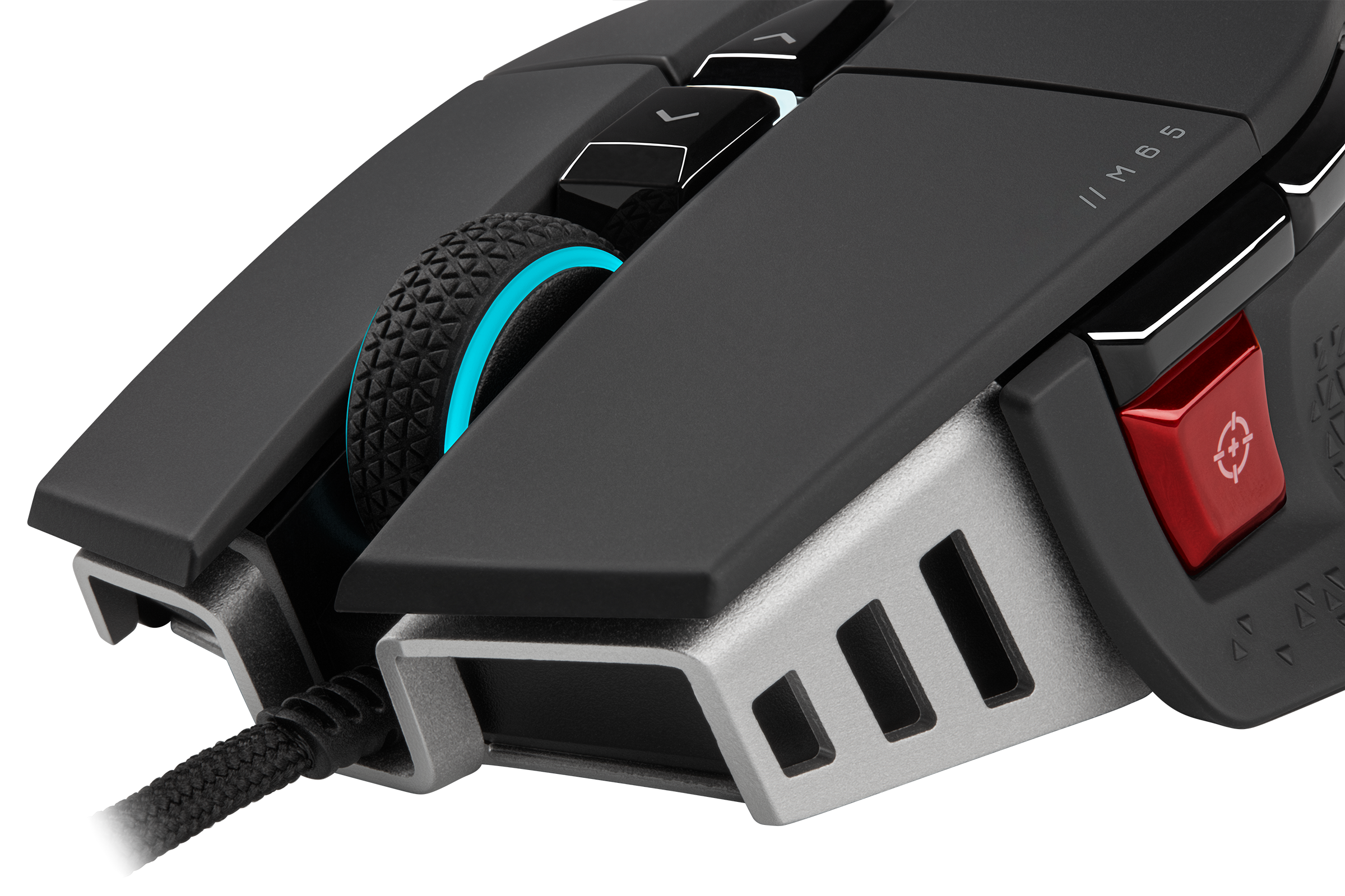 Gaming-Maus mit roter Taste, schwarzen Tasten und blauem Rad. Geflochtenes Kabel.