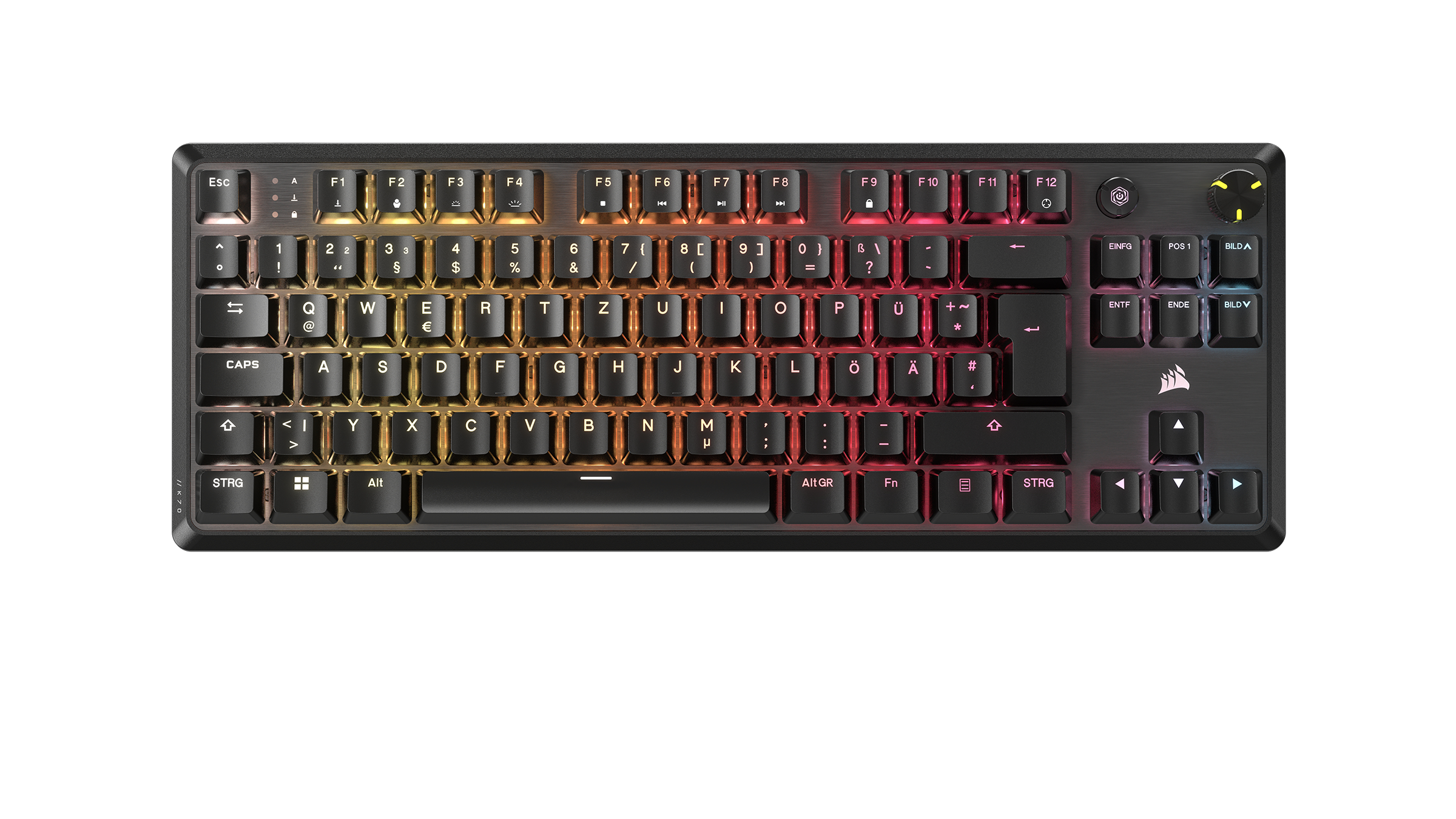 Schwarze Gaming-Tastatur mit Regenbogen-Tasten. Die Tastatur ist auf weißem Hintergrund.