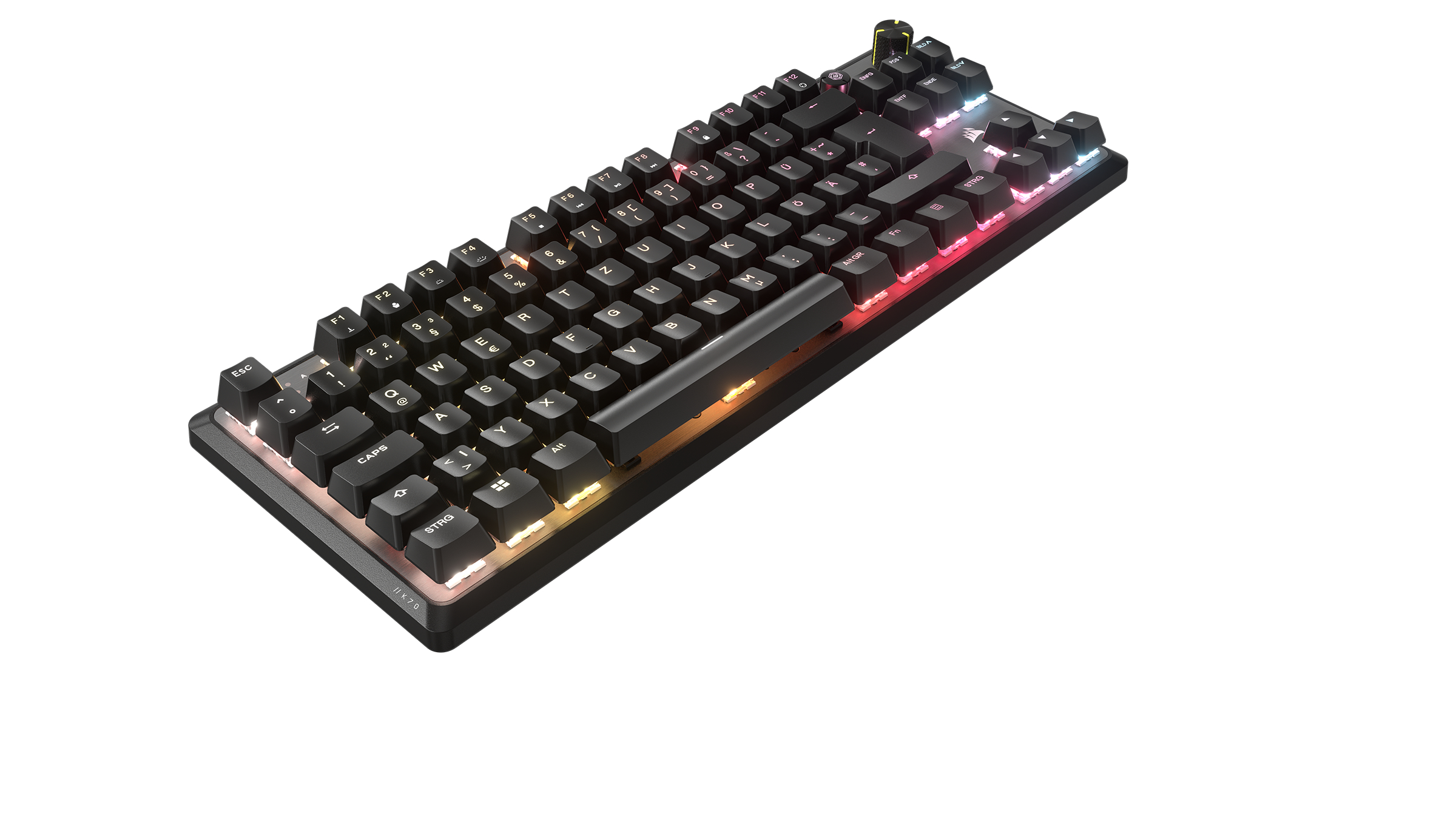 Schwarze Gaming-Tastatur mit Regenbogen-Tasten. Die Tastatur ist abgewinkelt.