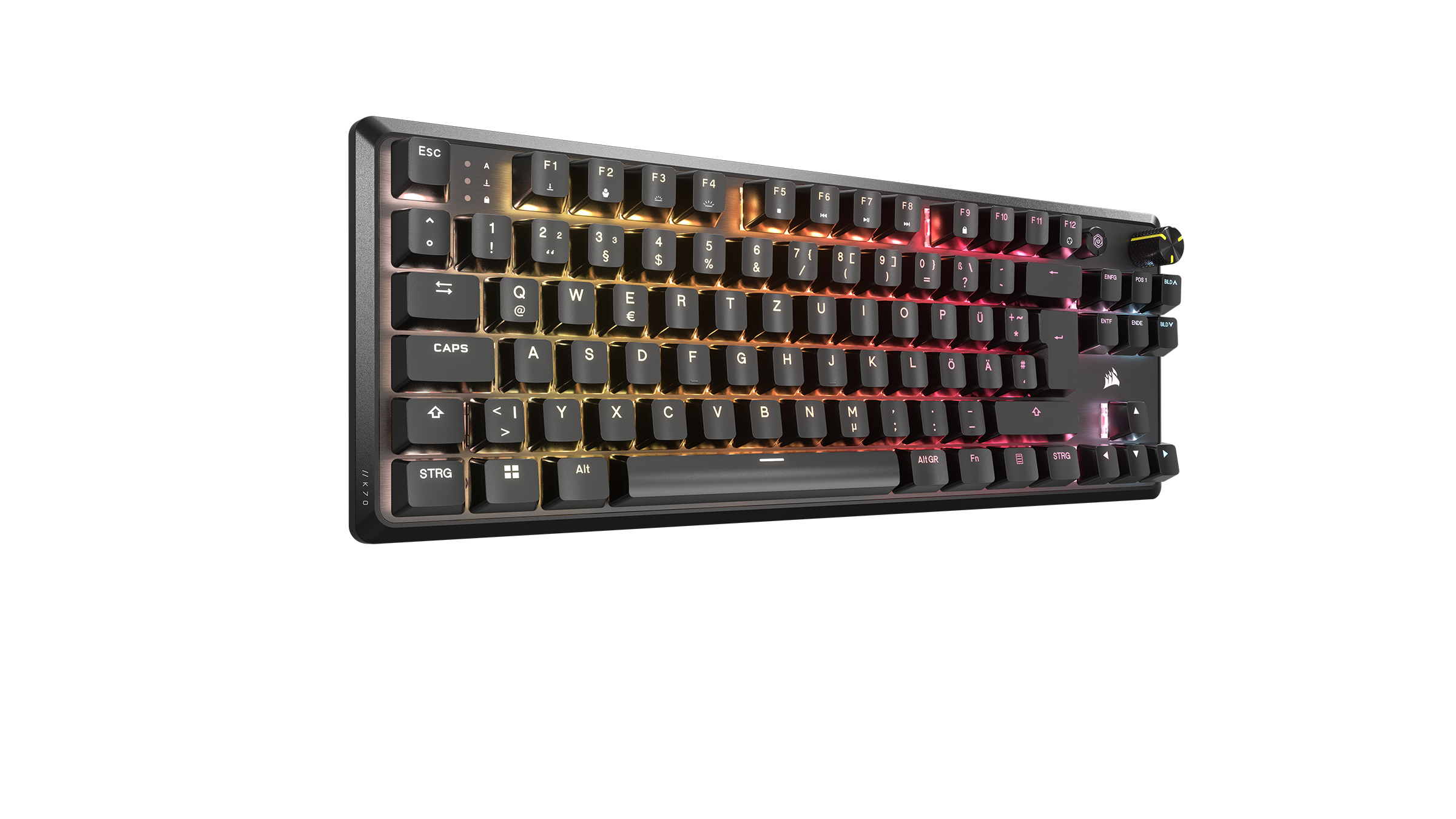 Schwarze Gaming-Tastatur mit Regenbogen-Tasten. Die Tastatur ist nach links geneigt.