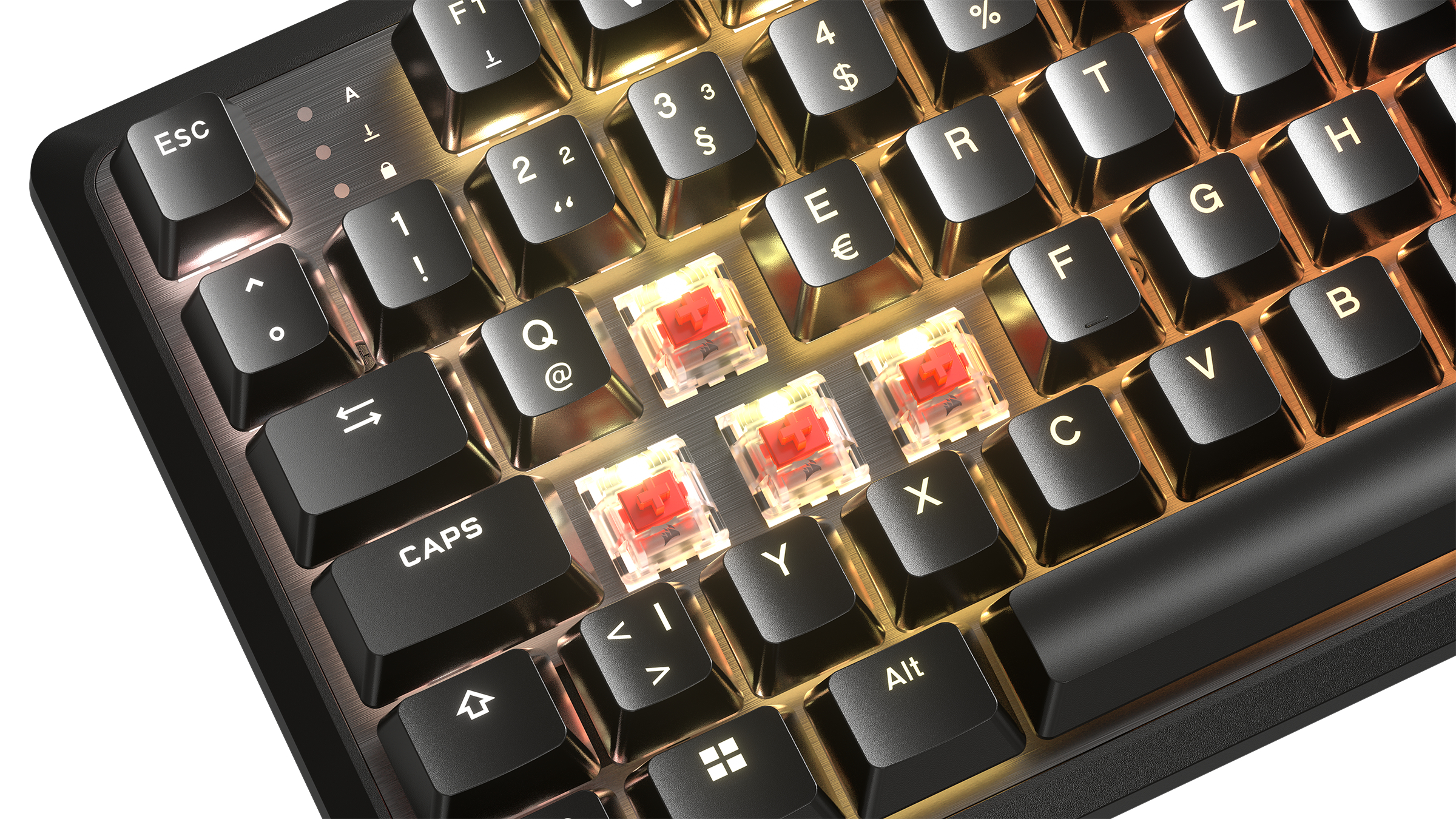 Nahaufnahme einer schwarzen Tastatur mit sichtbaren roten mechanischen Schaltern. Tasten sind hintergrundbeleuchtet.