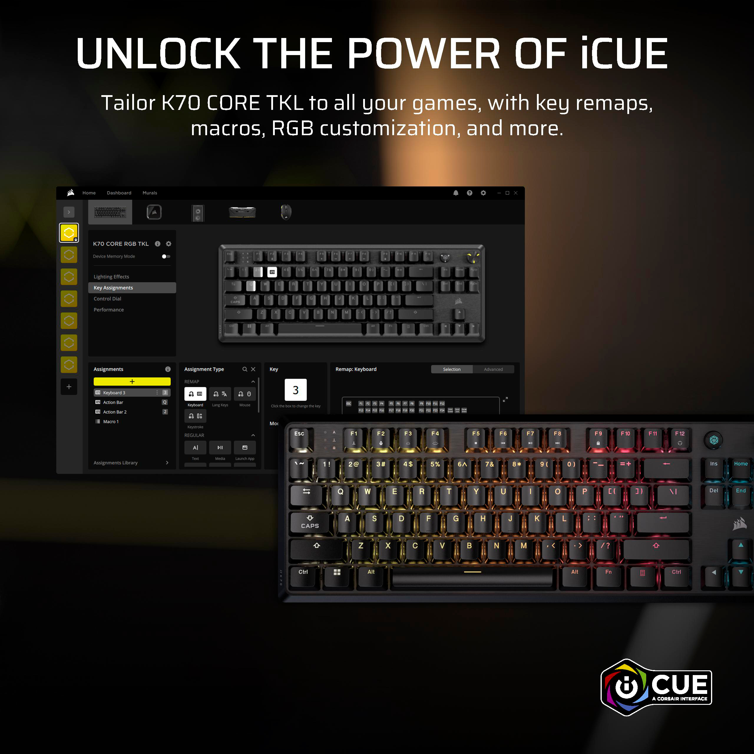 Ein Bildschirm, der die iCUE-Softwareschnittstelle mit einer Tastatur und ihren Optionen zeigt.