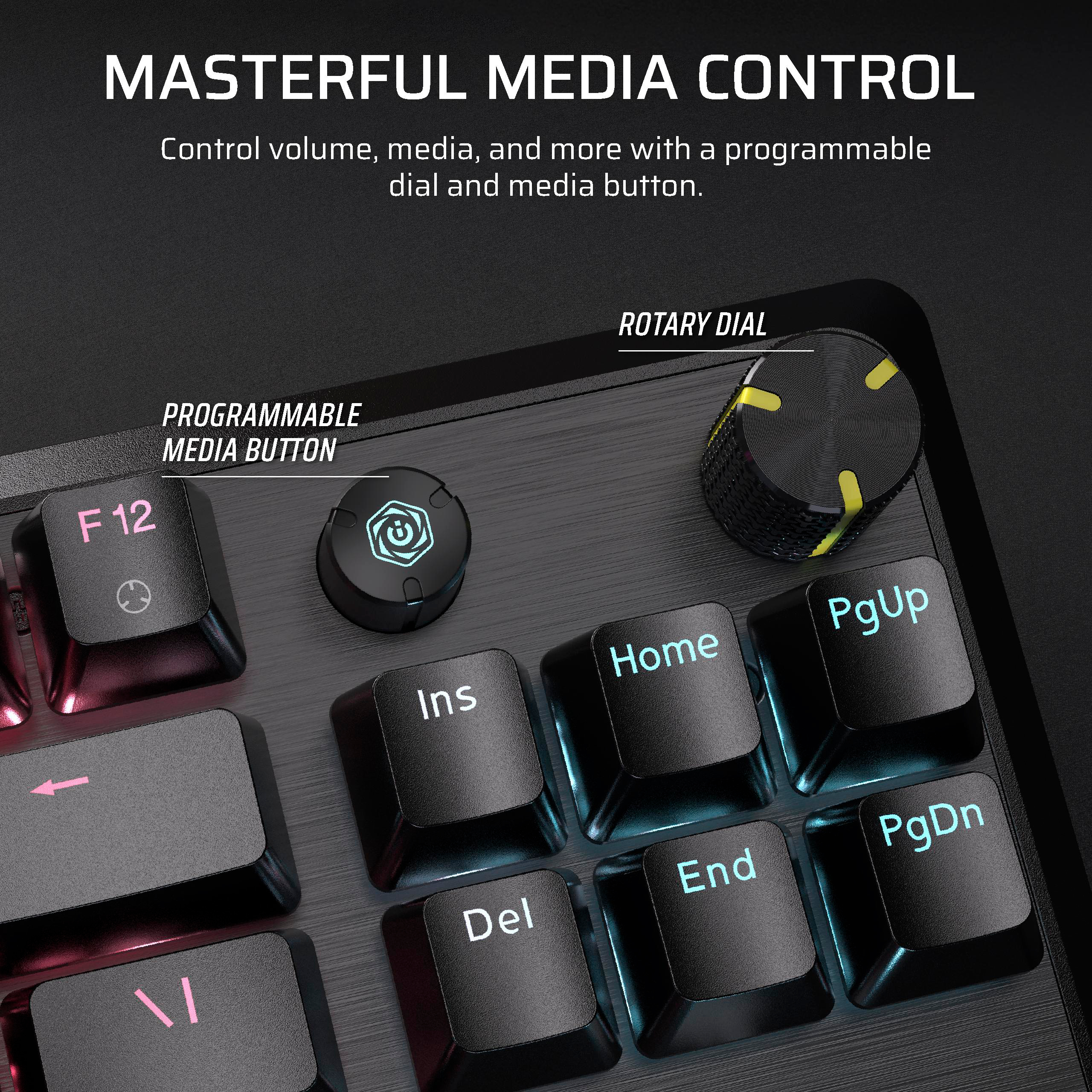 Die Tastatur zeigt Medientasten und einen Drehregler für die Lautstärke. Hintergrundbeleuchtete Tasten.