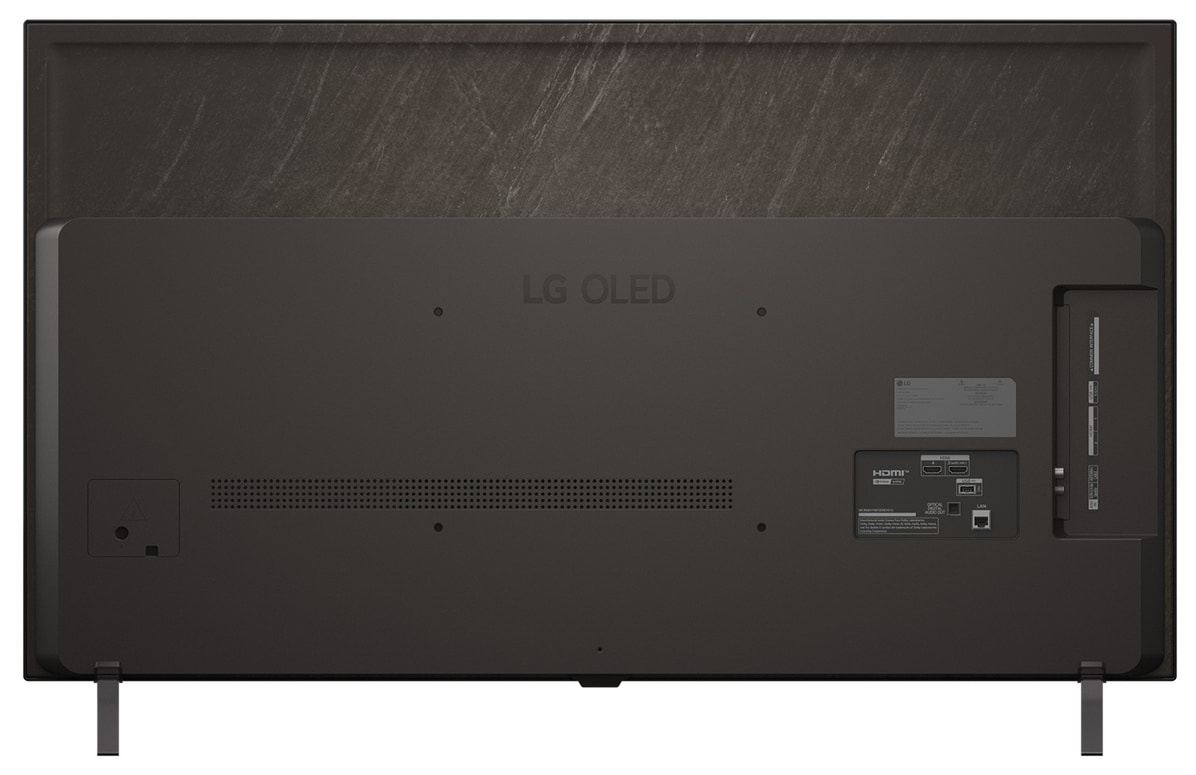 Widok z boku telewizora LG OLED, pokazujący smukły profil i stojak.