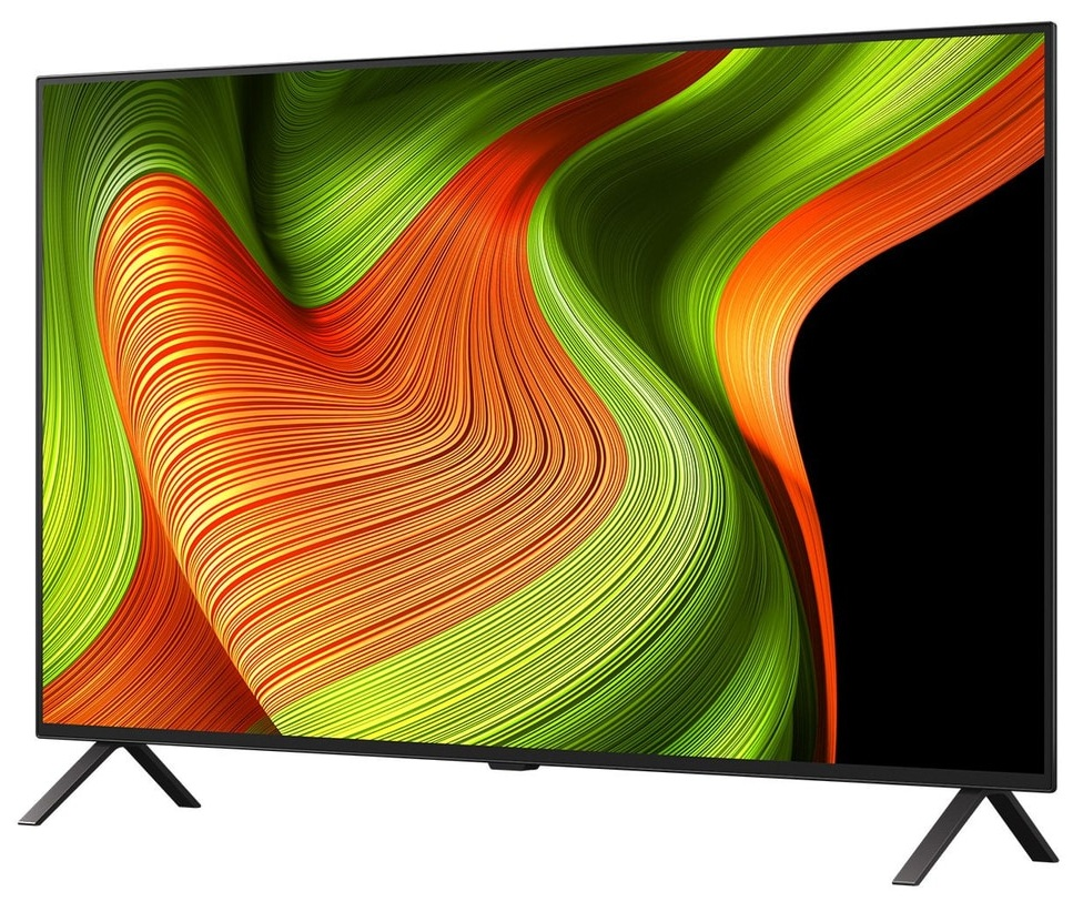 Telewizor LG OLED, pokazujący ekran z abstrakcyjnym, kolorowym wzorem.