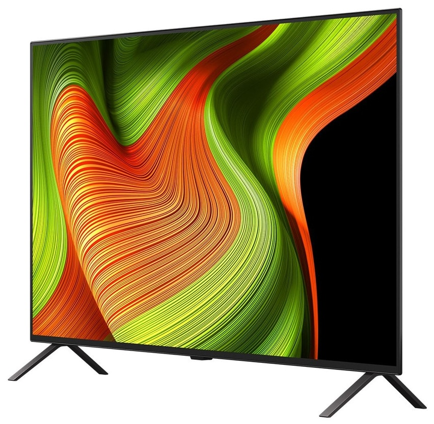 Czarny telewizor z zielonym, pomarańczowym i żółtym abstrakcyjnym wyświetlaczem.