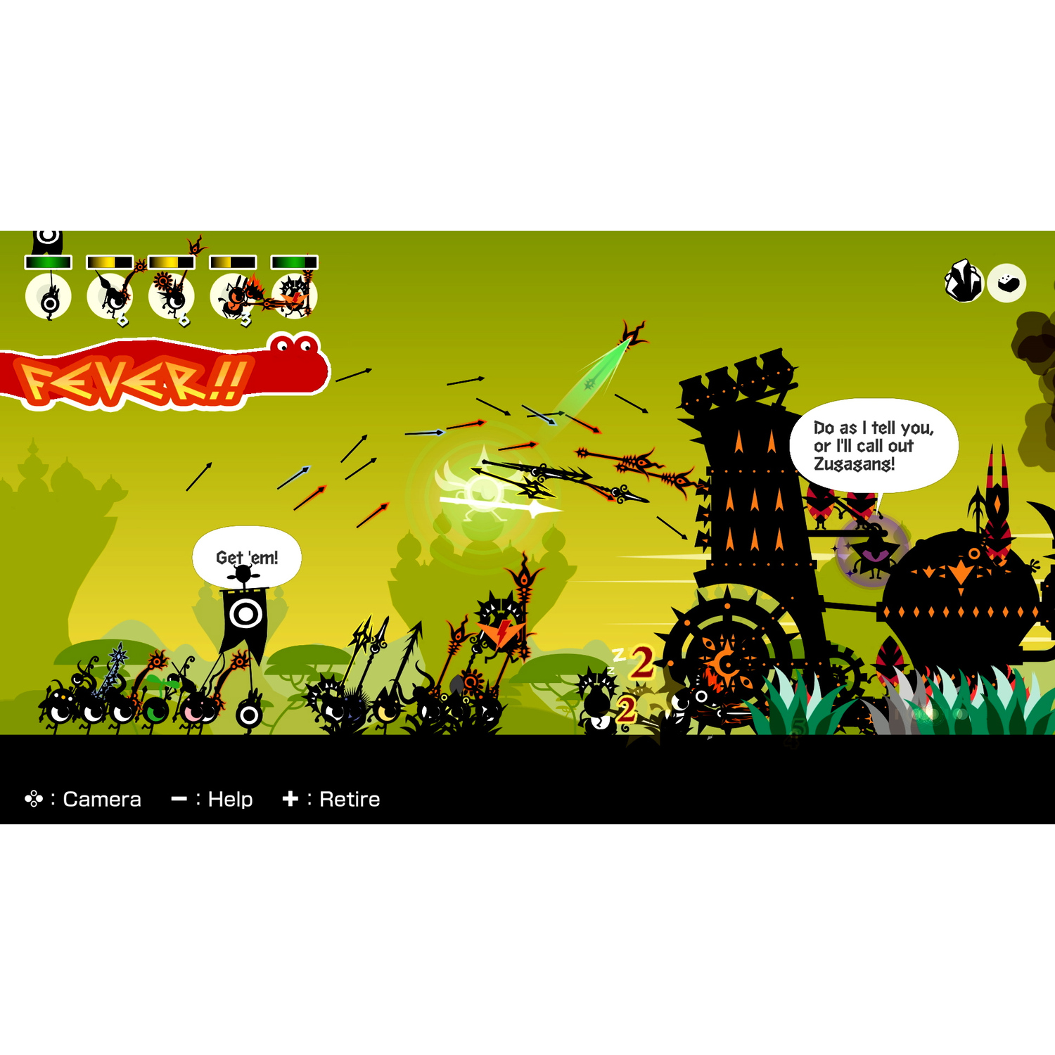 Een game scene van Patapon met cartoonfiguren in gevecht. Groene achtergrond.