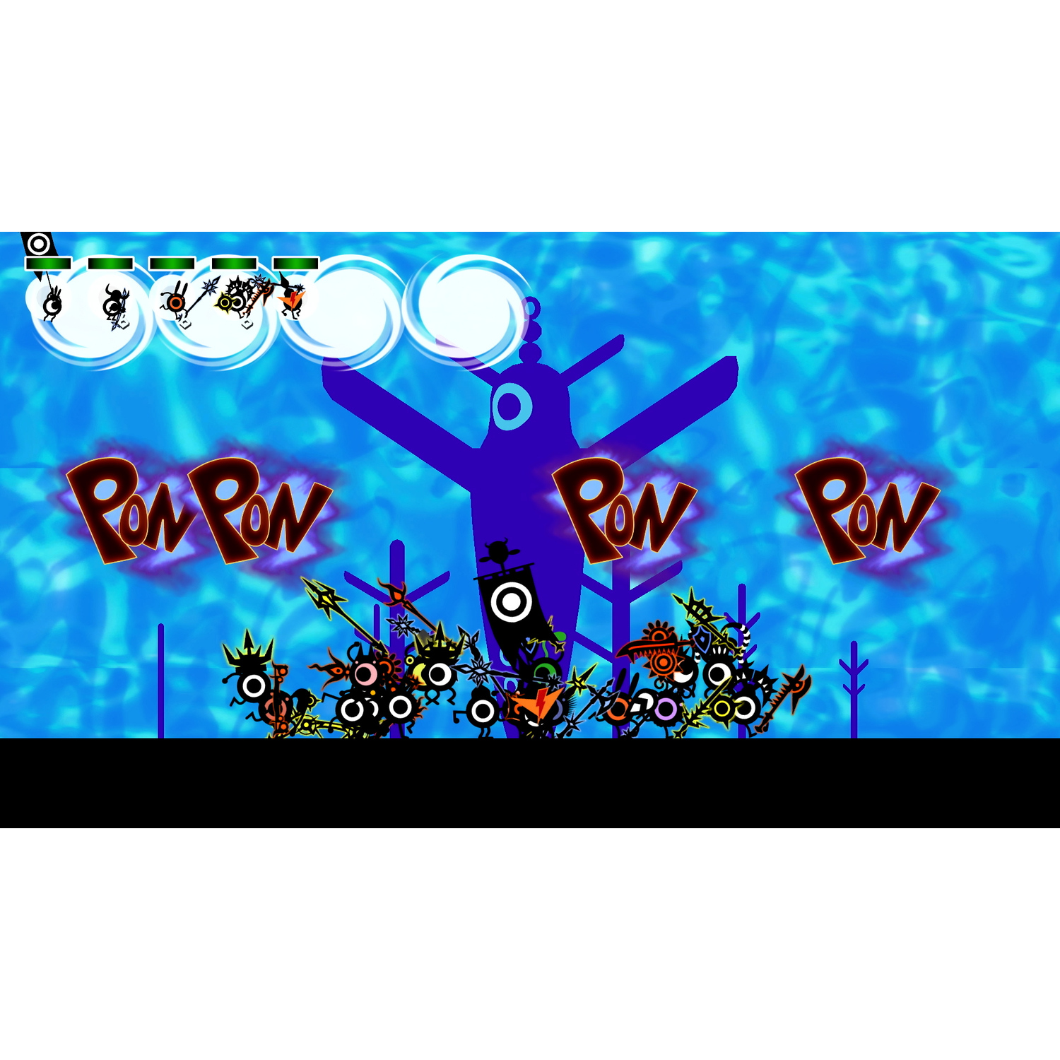 Een game scene van Patapon met cartoonkarakters en een blauwe water effect achtergrond.