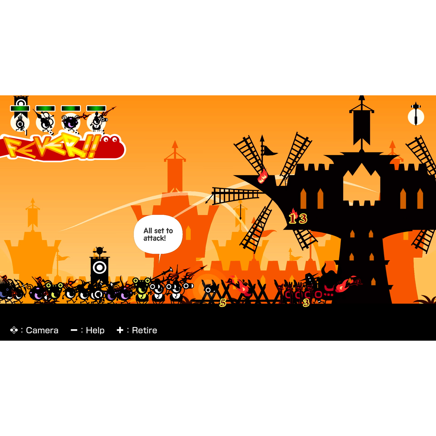 Een scène uit een spel met een gevecht met cartoonfiguren, windmolens en een kasteel. Oranje lucht.
